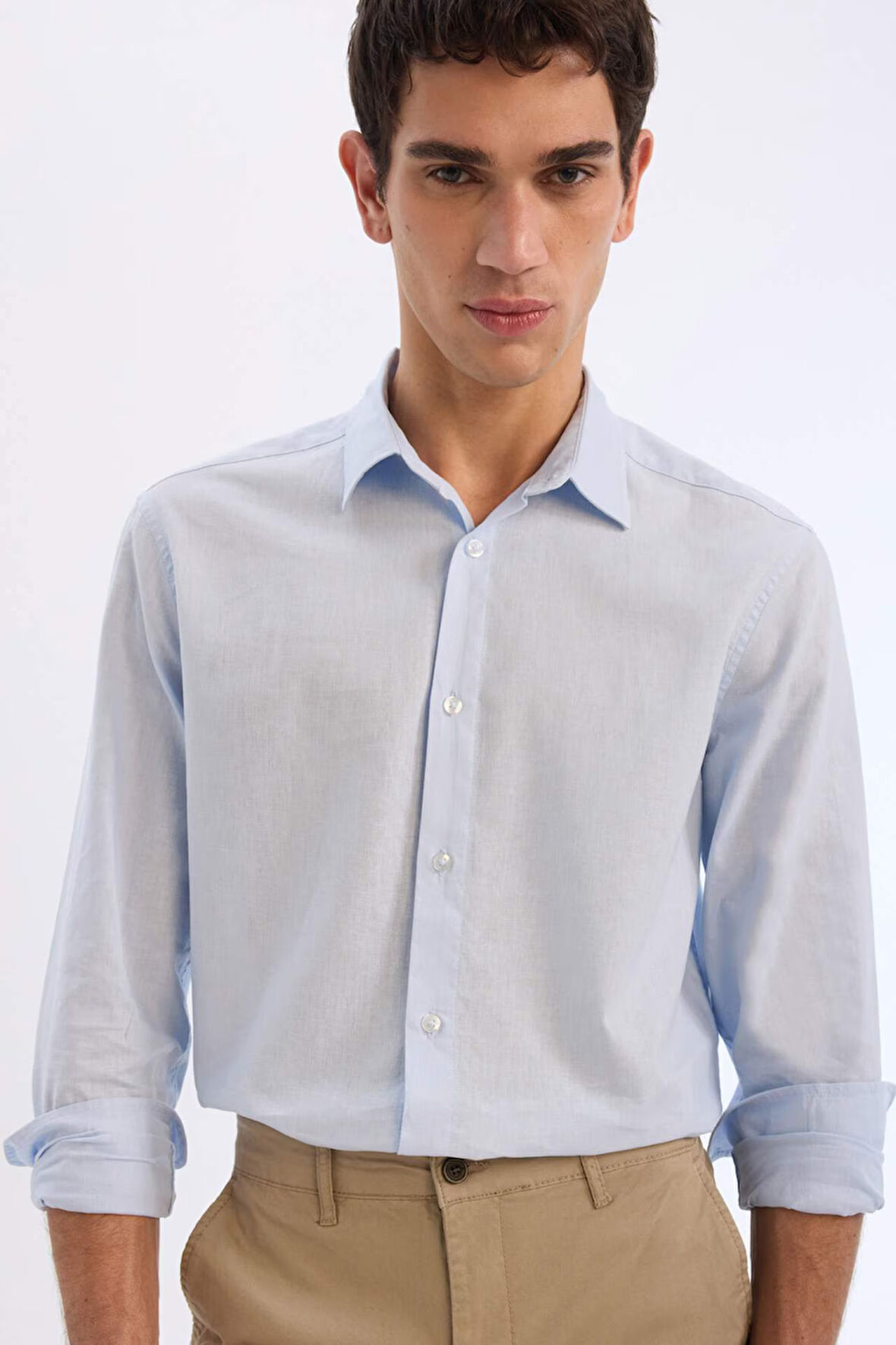 DeFacto Regular Fit Polo Yaka Keten Karışımlı Yazlık Uzun Kollu Gömlek E0518AX25SMBE656