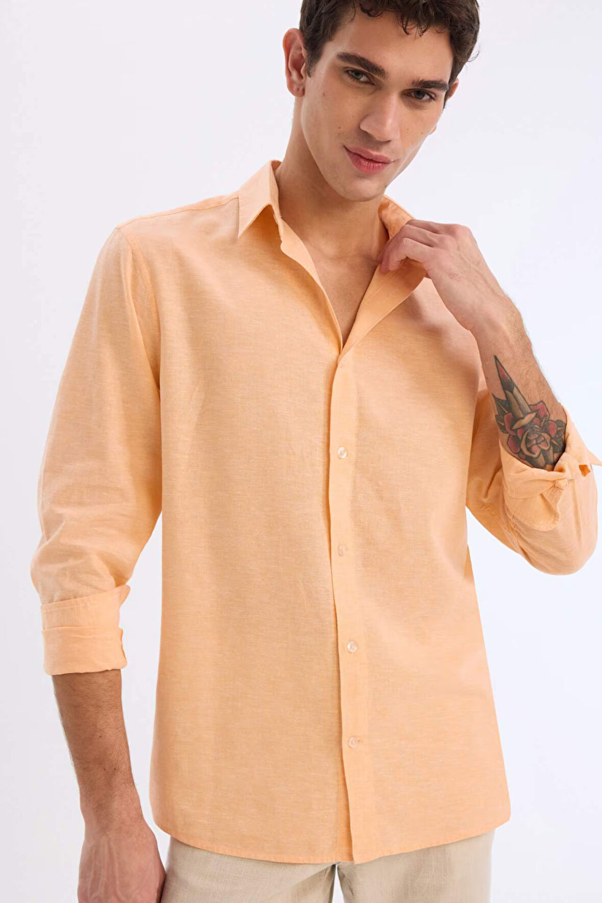 Regular Fit Polo Yaka Keten Karışımlı Yazlık Uzun Kollu Gömlek