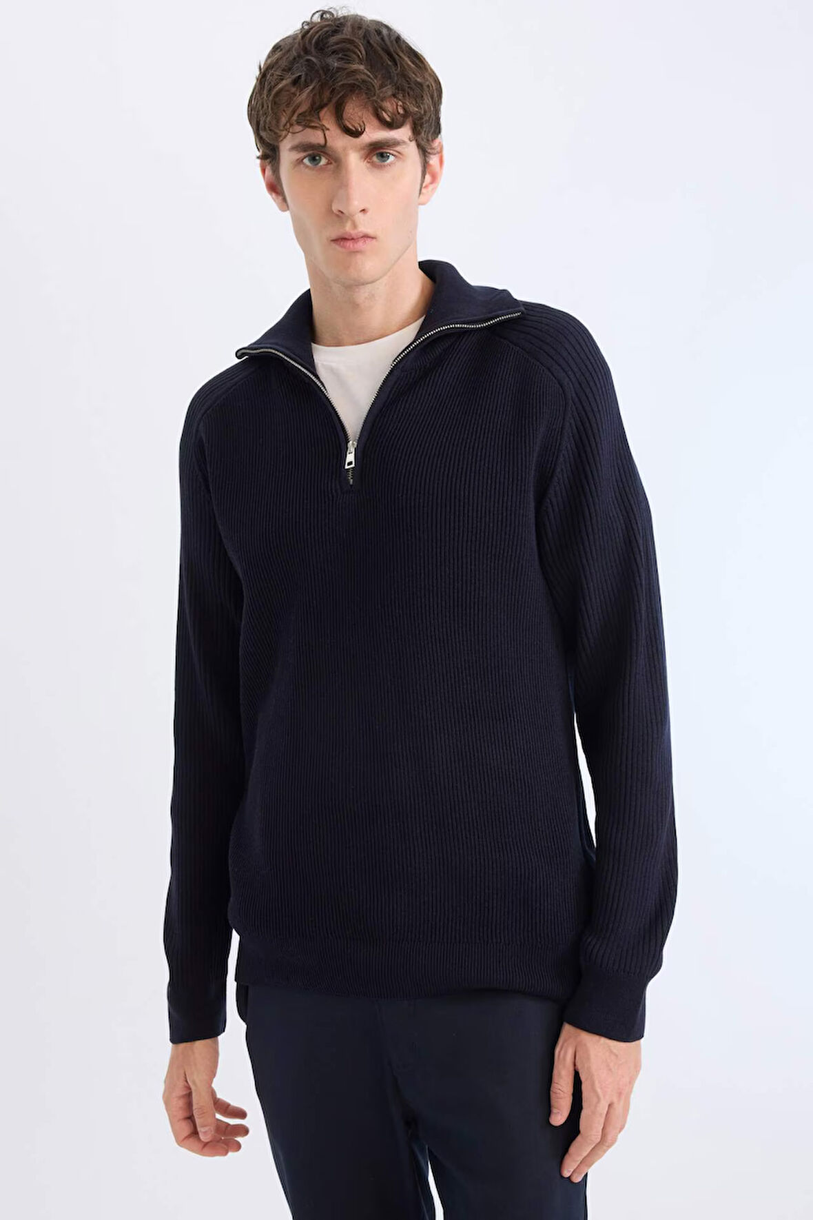 DeFacto Standart Fit Dik Yaka Fermuarlı Triko Kazak D4209AX24WNNV64