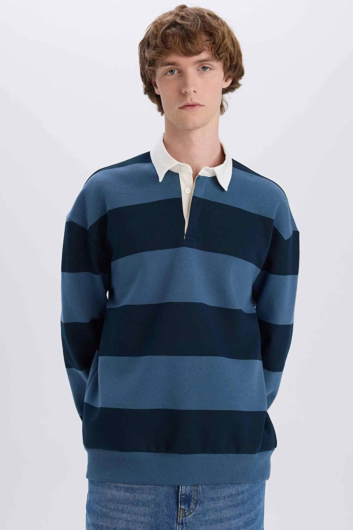 Boxy Fit Polo Yaka Çizgili Sweatshirt