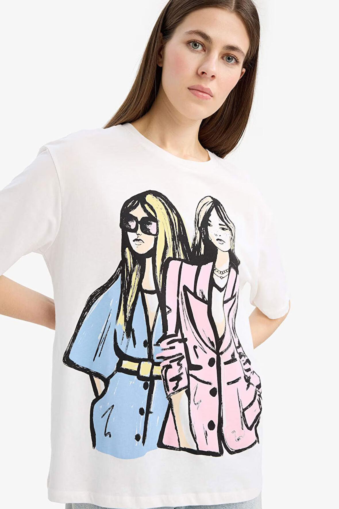 DeFacto Regular Fit Bisiklet Yaka Kız Baskılı Penye Kısa Kollu Tişört E5142AX25SMER105