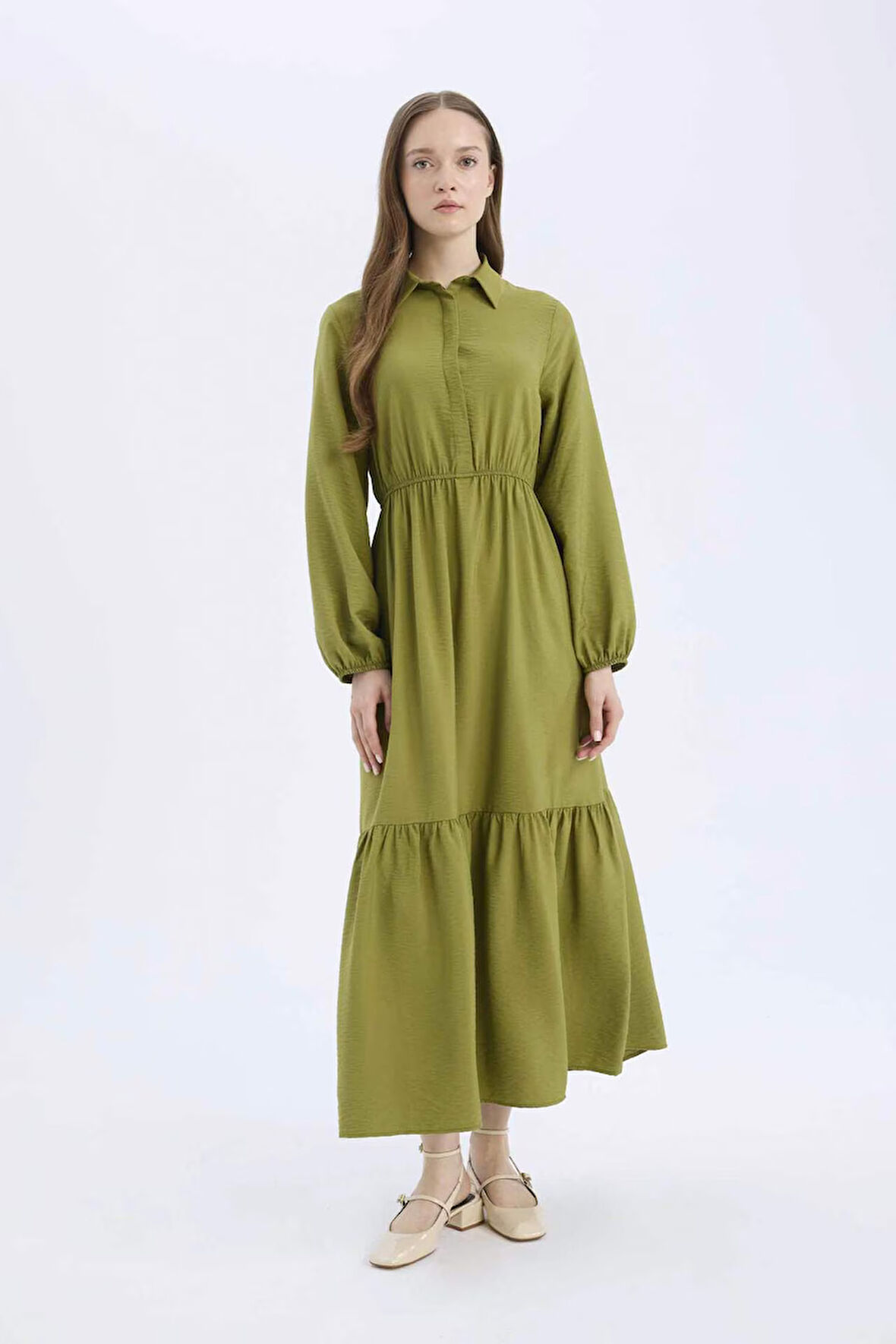 DeFacto 	Gömlek Yaka Basic Düz Düğmeli Beli Büzgülü Uzun Kollu Maxi Elbise D5851AX25SPKH414