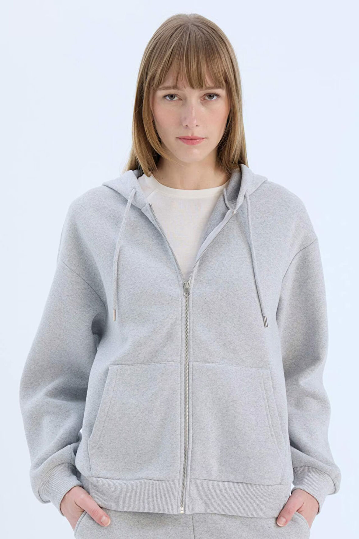 Okula Dönüş Relax Fit Kapüşonlu Kalın Basic Düz Cepli Fermuarlı Sweatshirt