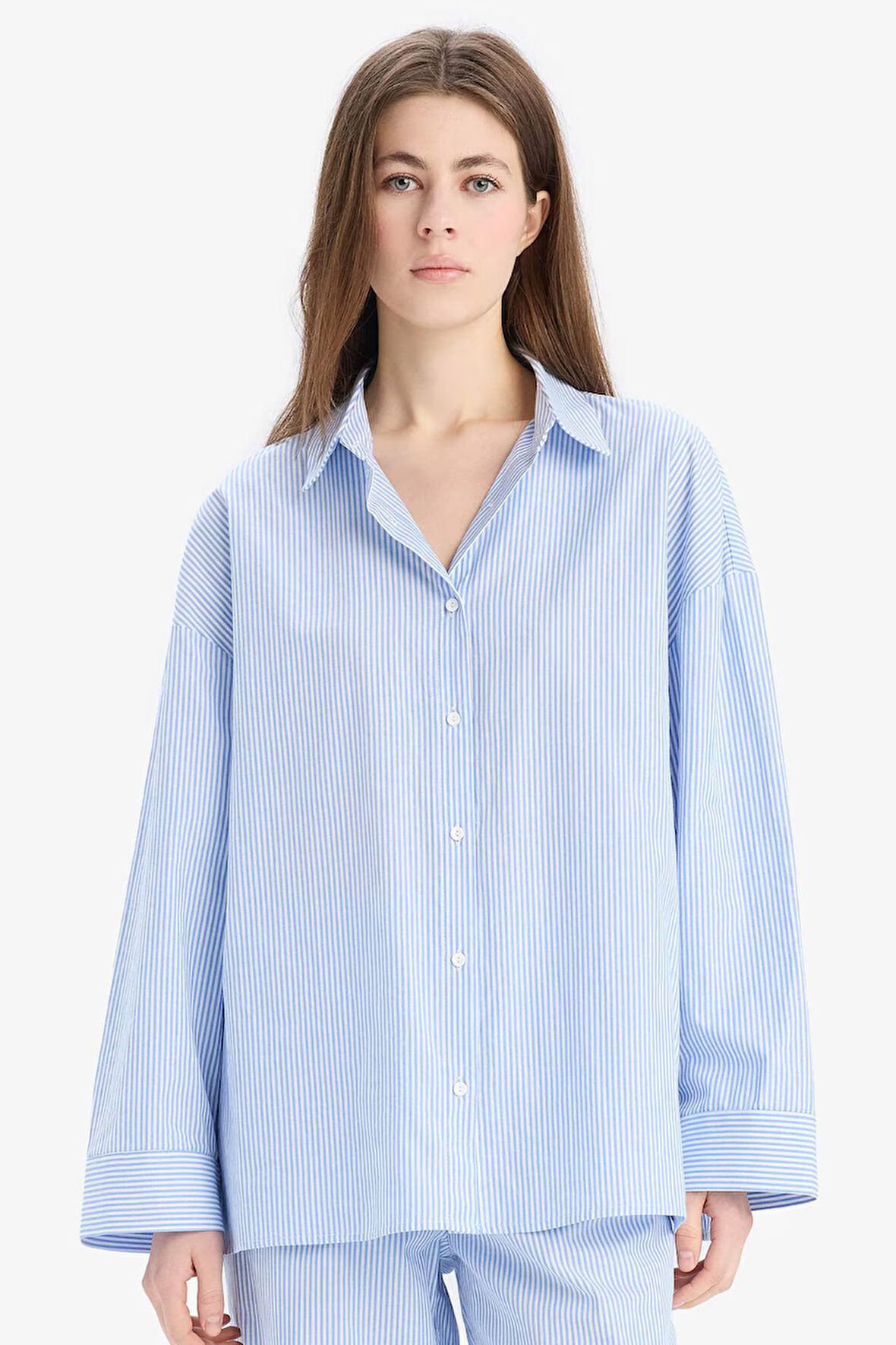 DeFacto Çizgili Pijama Yaka Poplin Pijama Üstü-Fall in Love E3113AX25SPBE747
