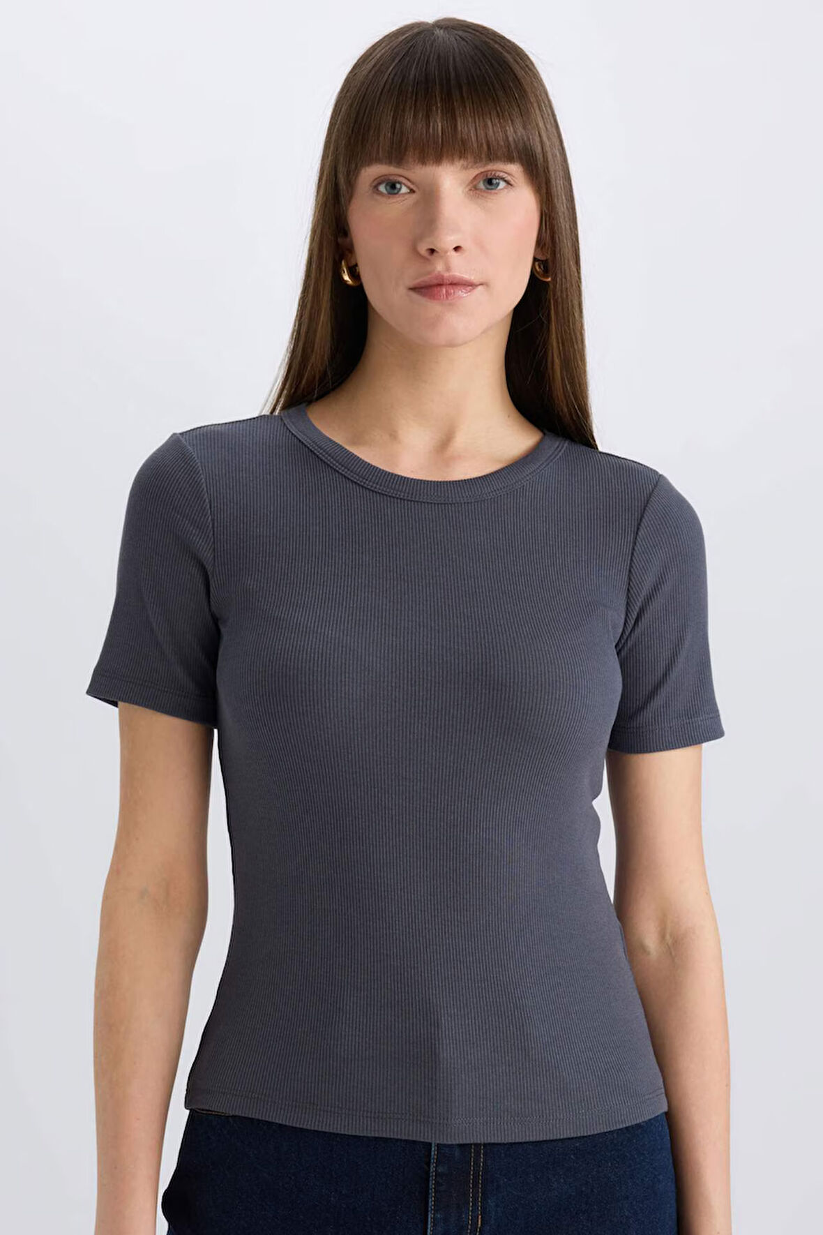 Slim Fit Dar Kesim Bisiklet Yaka Fitilli Kaşkorse Basic Düz Kısa Kollu Tişört