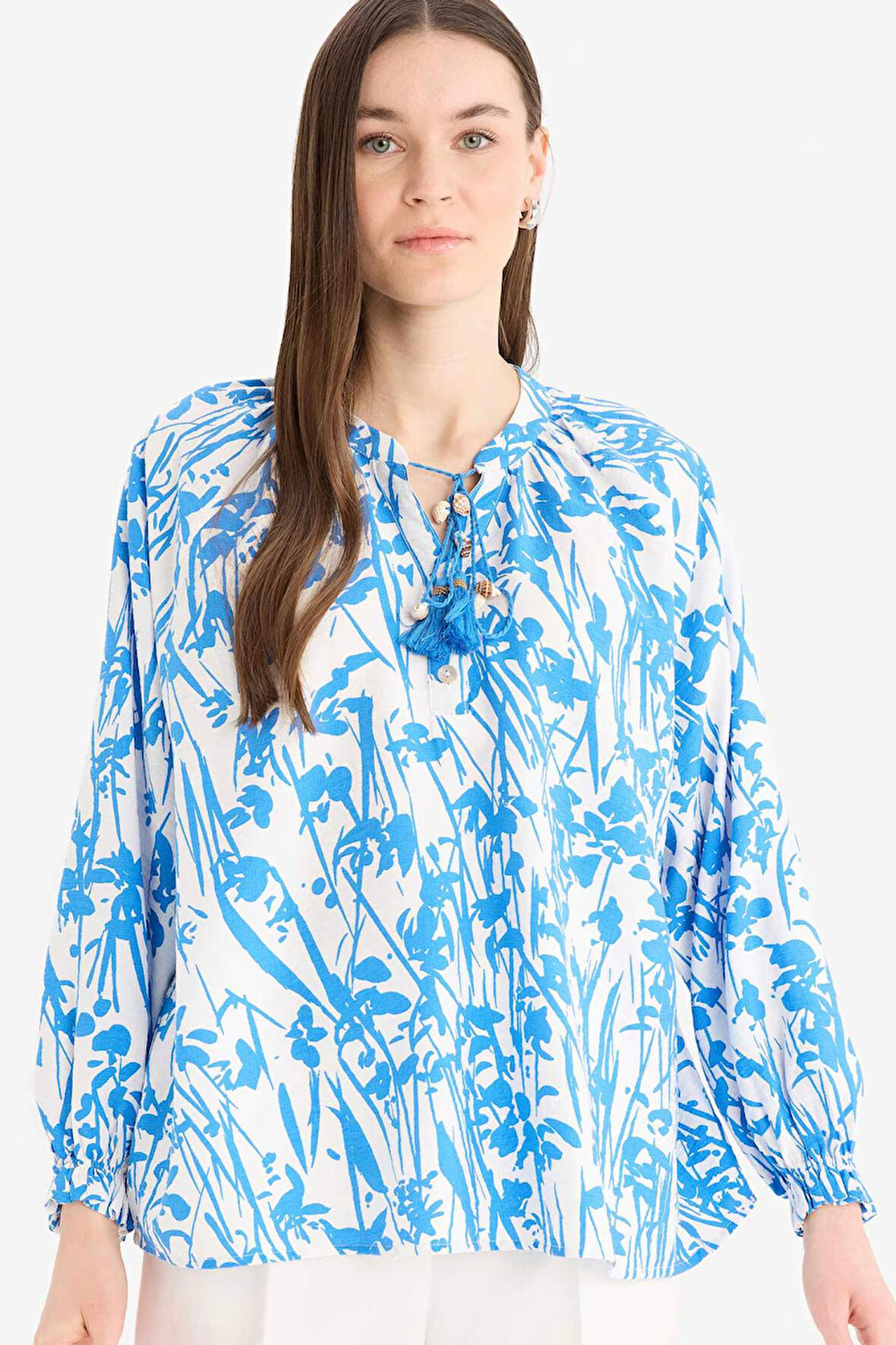DeFacto Relax Fit Bağcıklı Yaka Desenli Uzun Kollu Tesettür Gömlek Tunik E1100AX25HSBE405