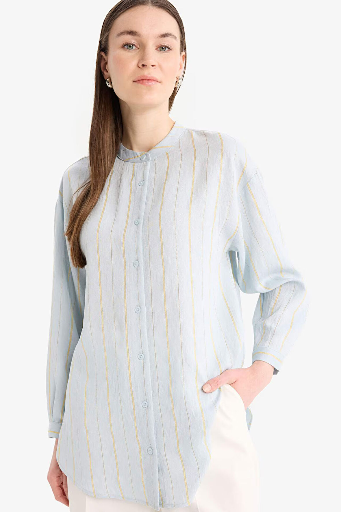 	Relax Fit Basic Düz Simli Kumaş Uzun Kollu Tesetür Gömlek Tunik