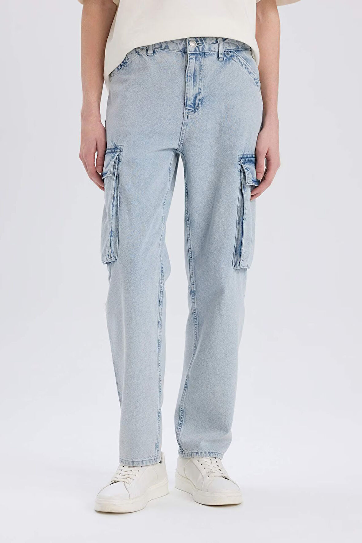 Relax Fit Geniş Paça Kargo Cepli Pamuklu Jean Pantolon