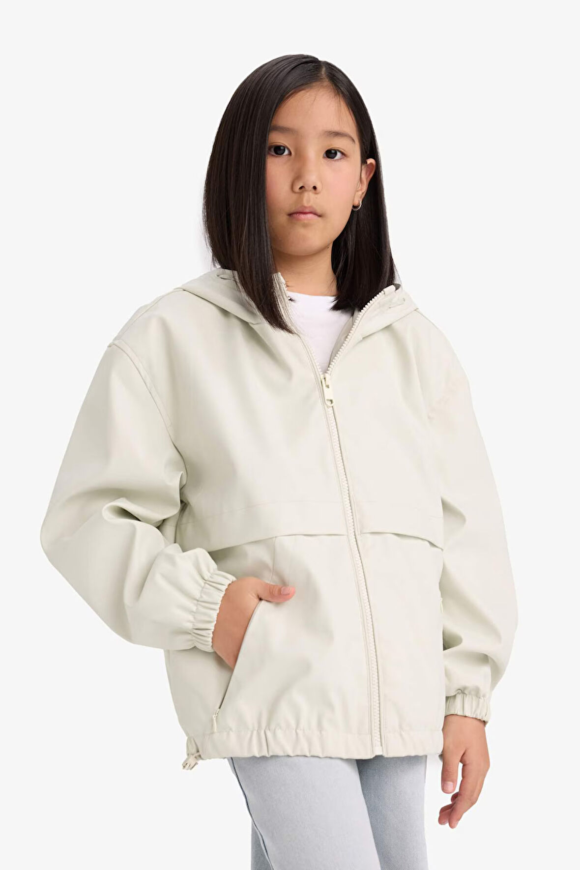 Kız Çocuk Su İtici Kapüşonlu Fermuarlı Yağmurluk