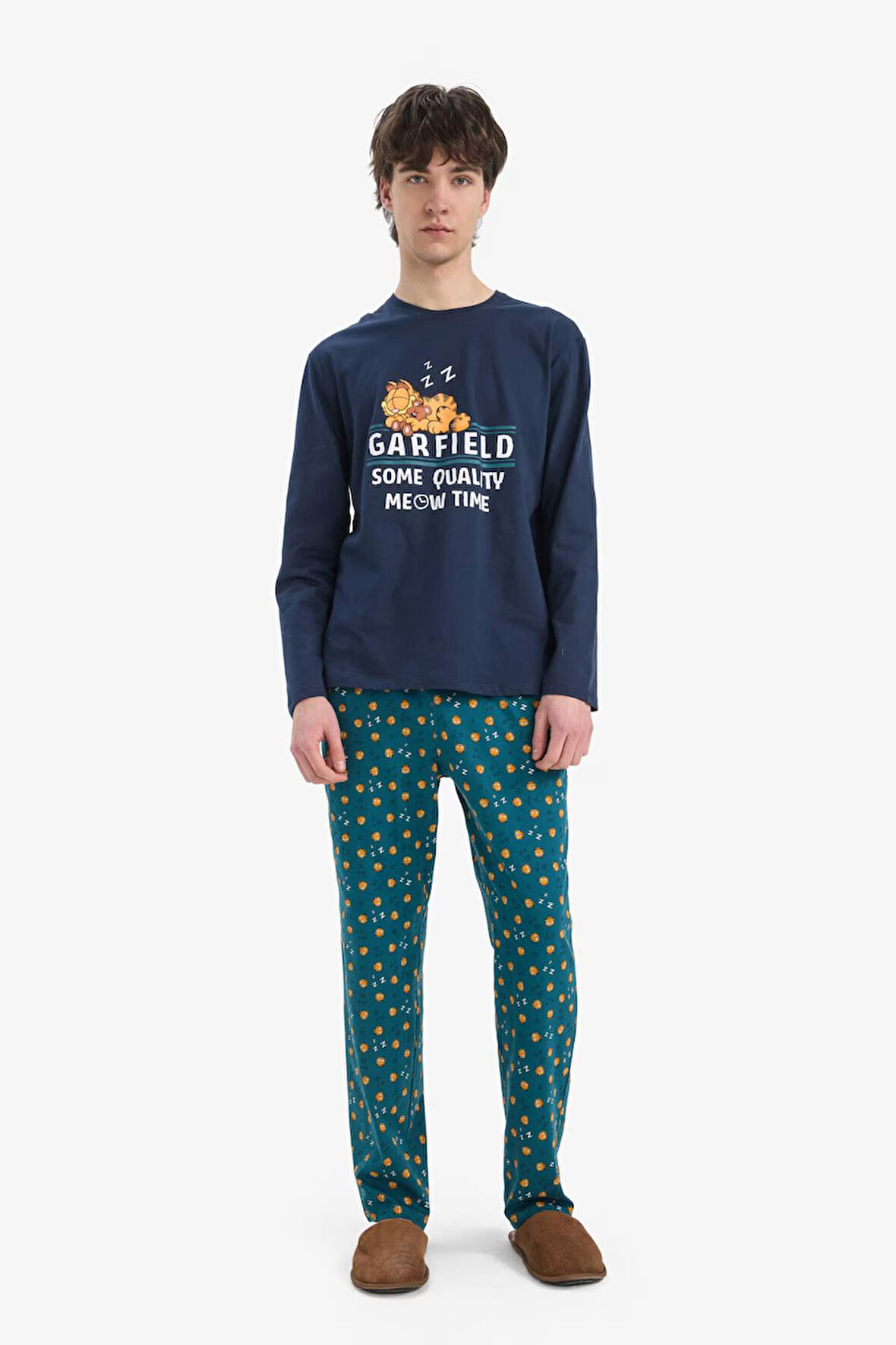 Garfield Pijama Takımı Regular Fit Uzun Kollu Üst Esnek Belli Uzun Alt