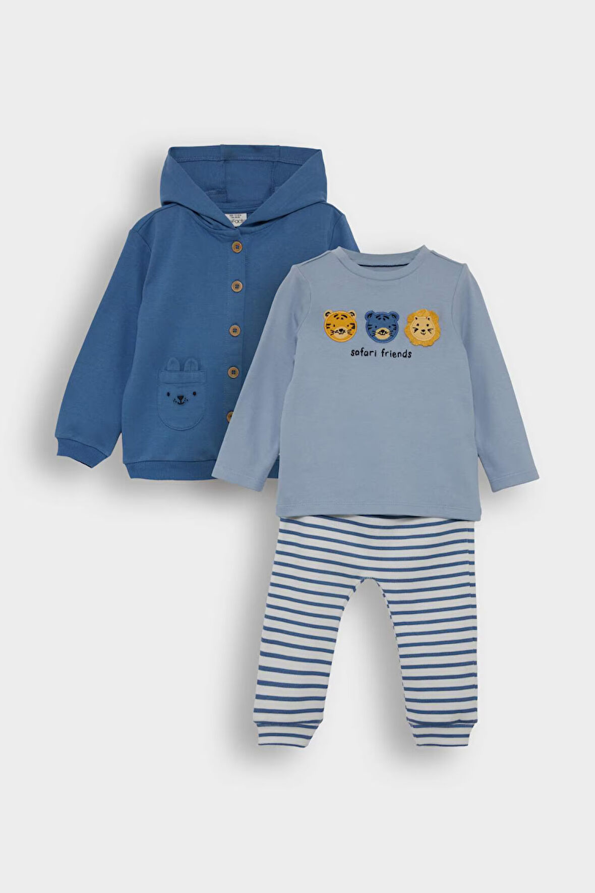 Erkek Bebek 3'lü Takım Kapüşonlu Düğmeli Hırka Baskılı Uzun Kollu Tişört Çizgili Alt