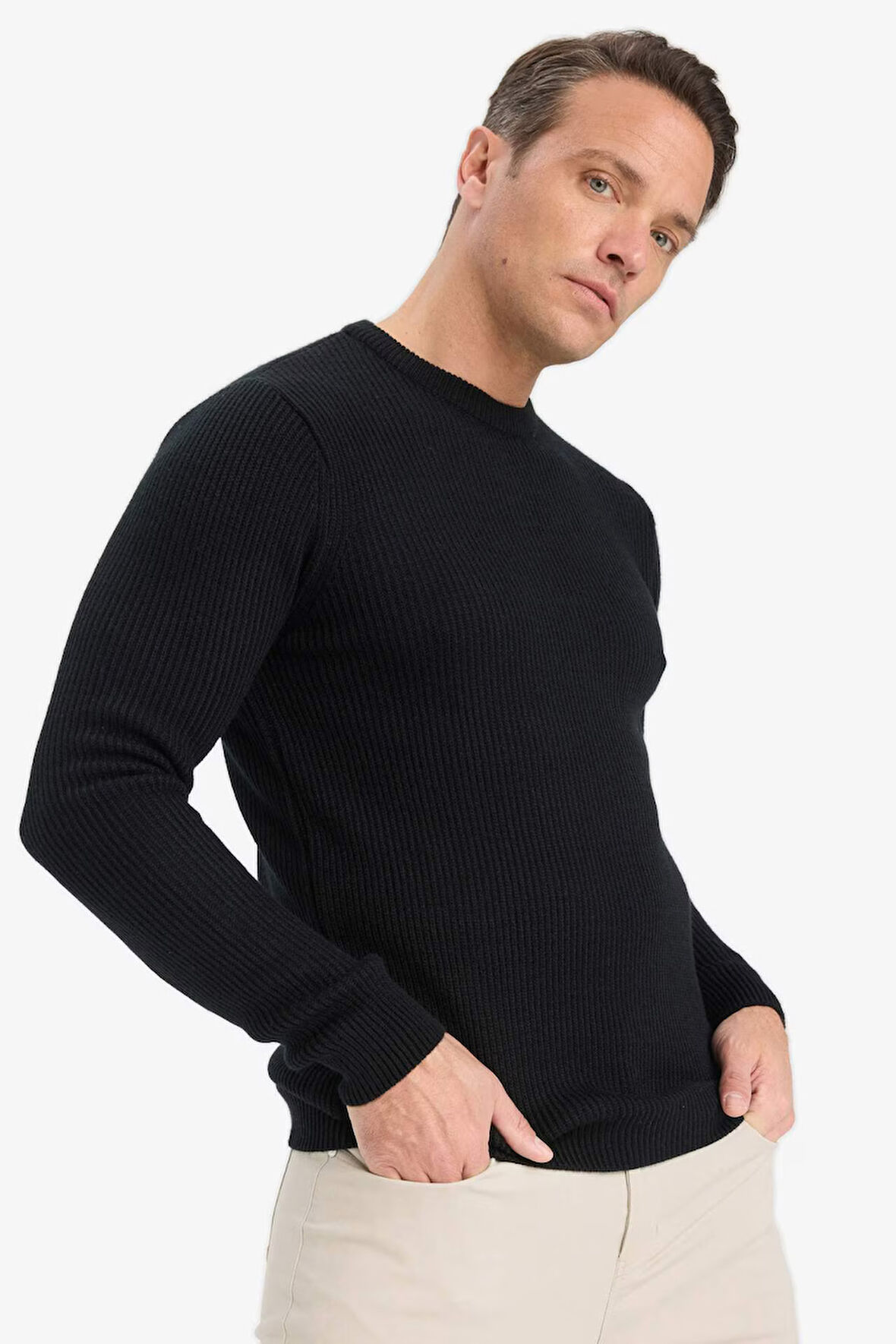 Standart Fit Normal Kesim Bisiklet Yaka Dokulu Triko Kazak
