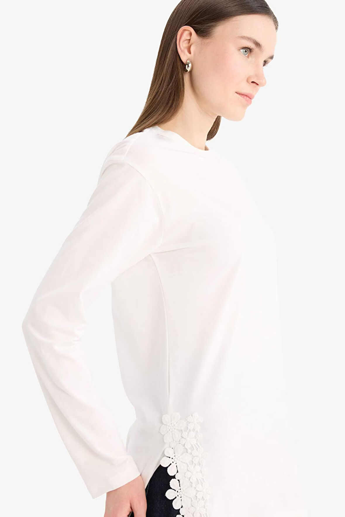 DeFacto Regular Fit Bisiklet Yaka Dantelli Uzun Kollu Tesettür Tişört Tunik F1812AX25SMER85