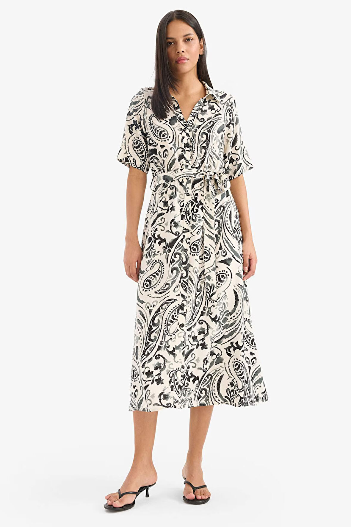 Gömlek Yaka Batik Kısa Kollu Midi Elbise