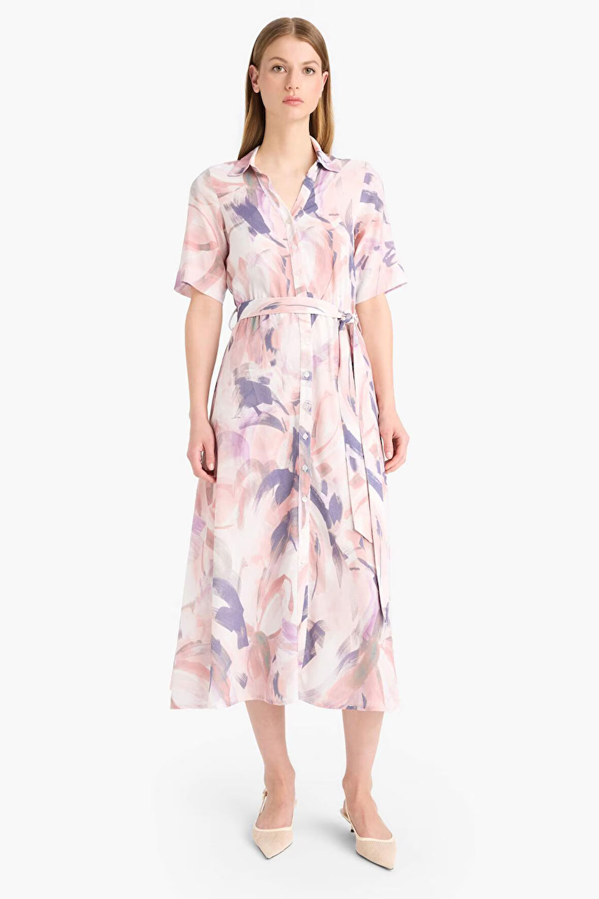 Gömlek Yaka Batik Kısa Kollu Midi Elbise