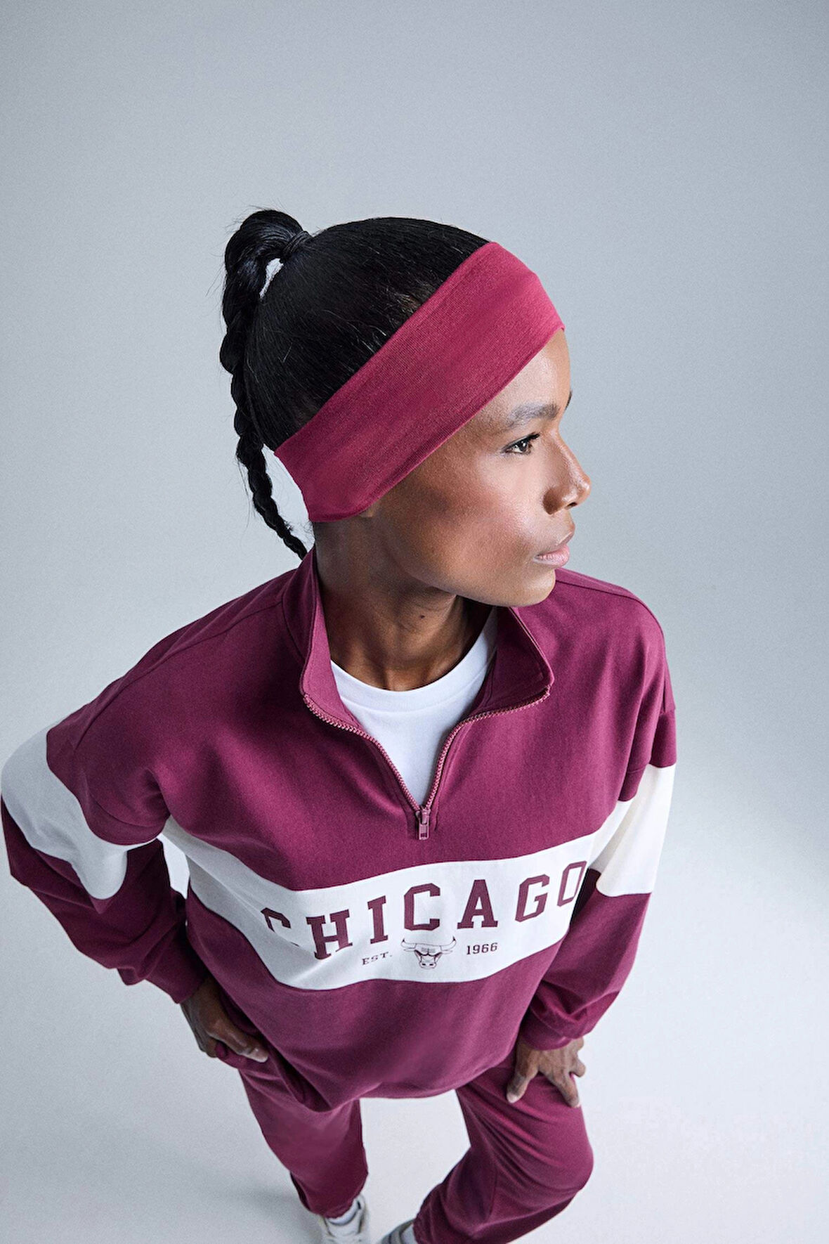 Defacto E8946 Bordo DeFactoFit NBA Chicago Bulls Oversize Fit Yarım Fermuarlı Sporcu Sweatshirt