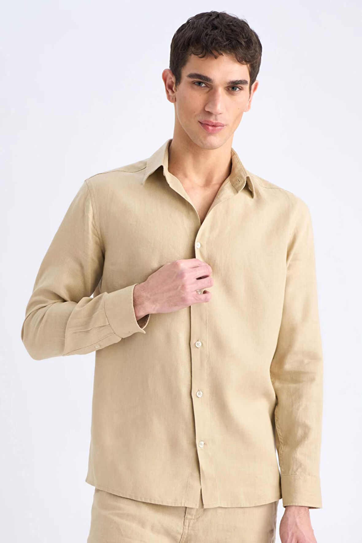 %100 Keten Regular Fit Polo Yaka Yazlık Uzun Kollu Gömlek