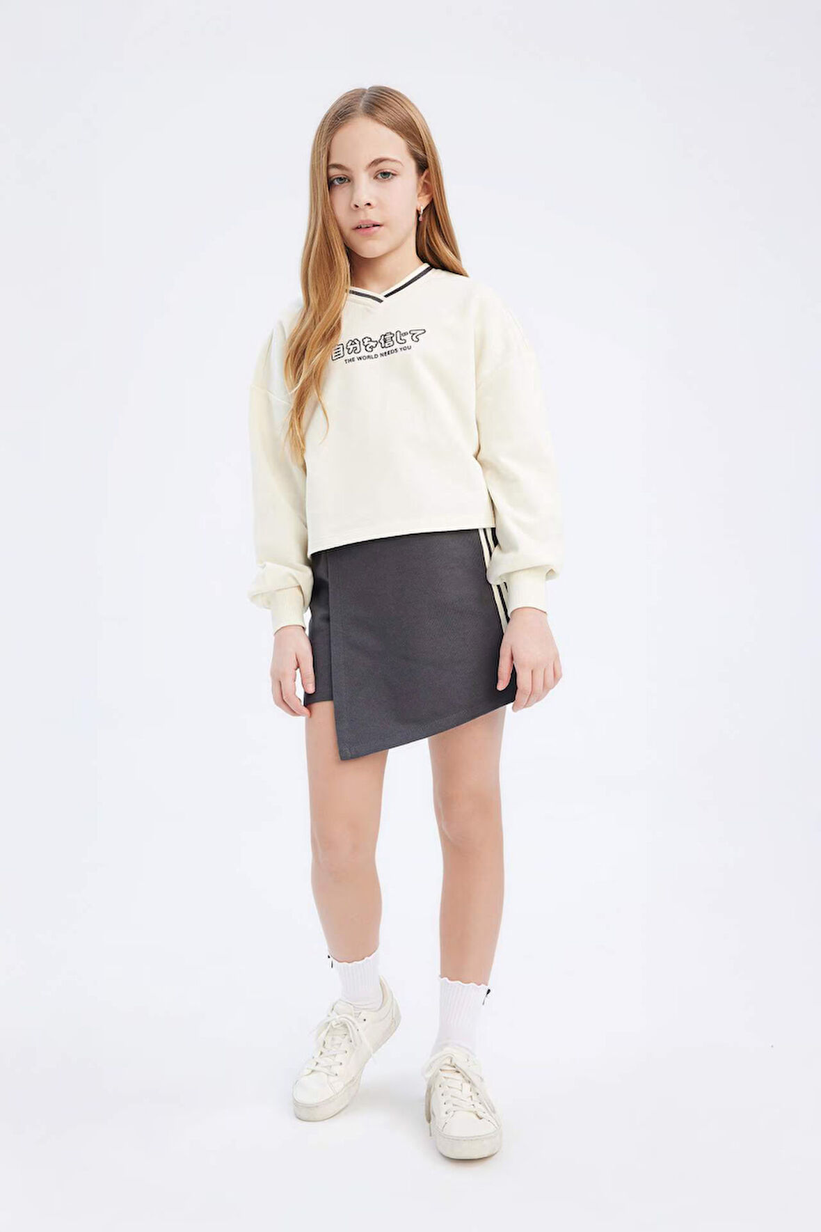 Kız Çocuk 2'li Takım Baskılı Sweatshirt Şort Etek