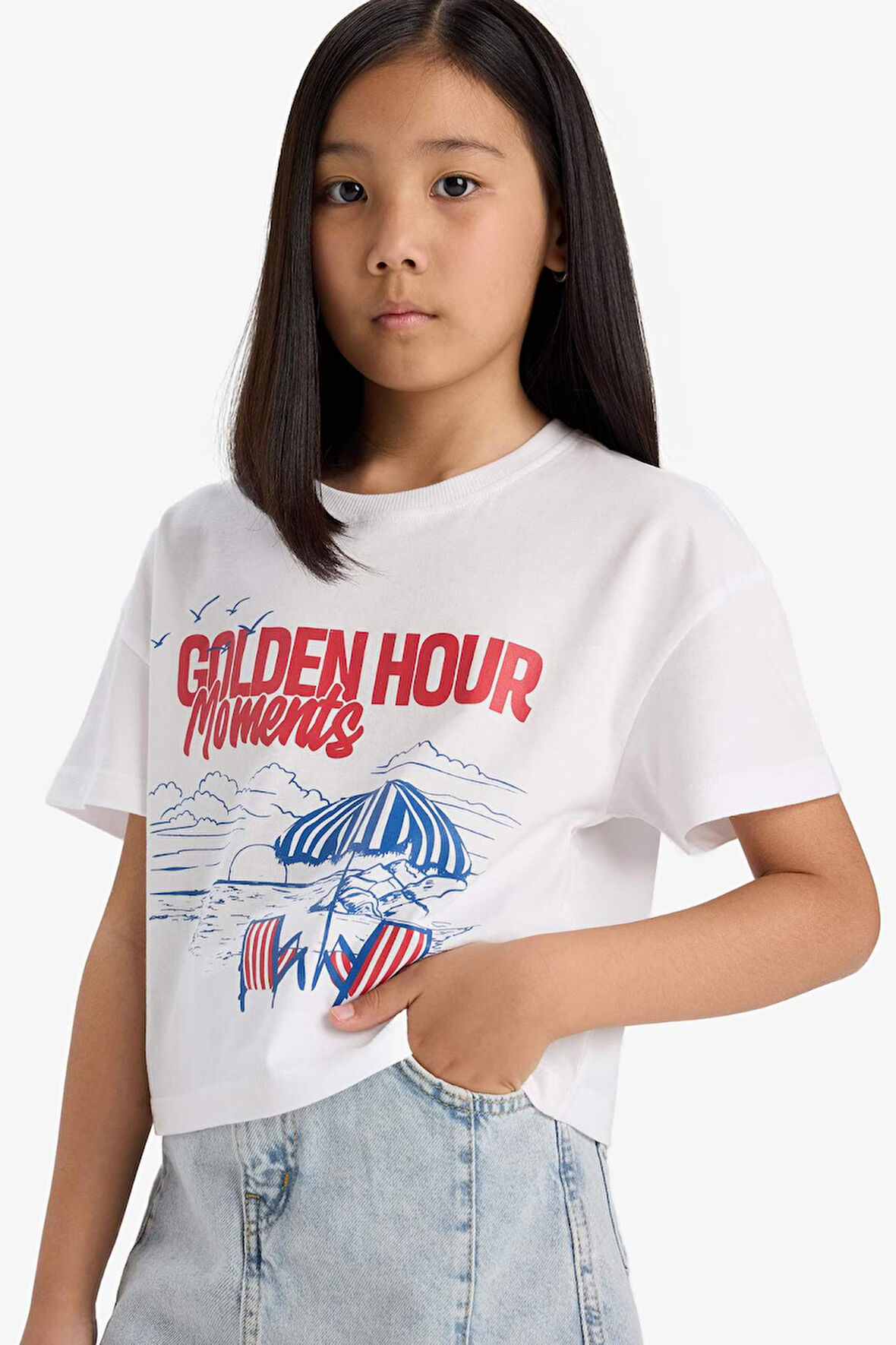 DeFacto Kız Çocuk Boxy Fit Bisiklet Yaka Baskılı Kısa Kollu Tişört E0391A825SMWT34