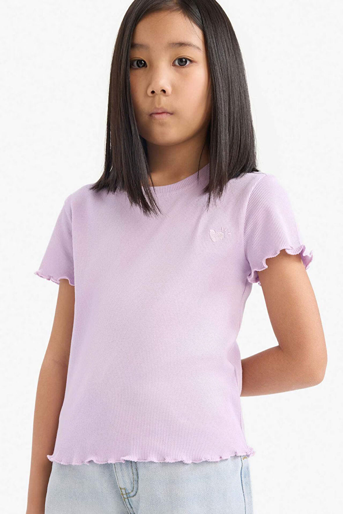 DeFacto Kız Çocuk Slim Fit Dar Kesim Bisiklet Yaka Baskılı Fitilli Kaşkorse Kısa Kollu Tişört D9538A825SMPR143