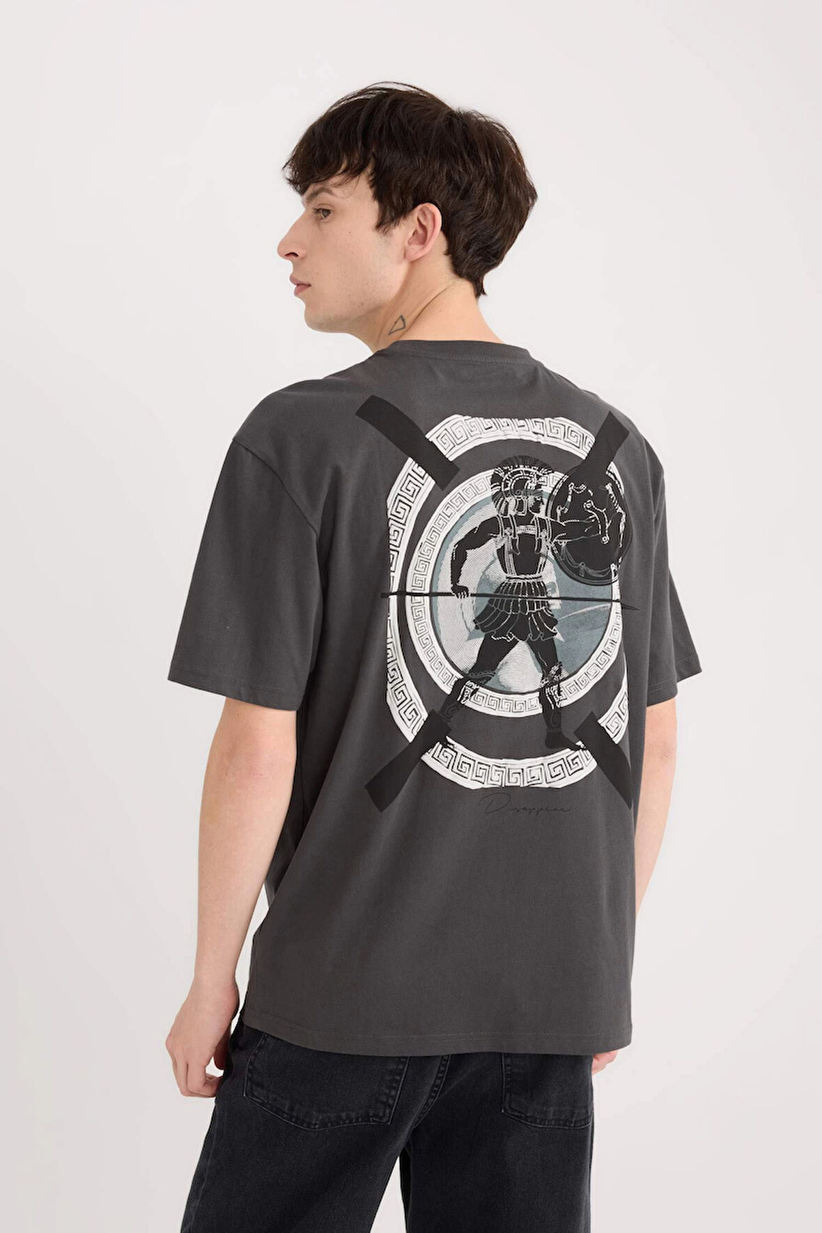 Defacto E1485 Antrasit Boxy Fit Bisiklet Yaka Sırt Baskılı Kısa Kollu Tişört