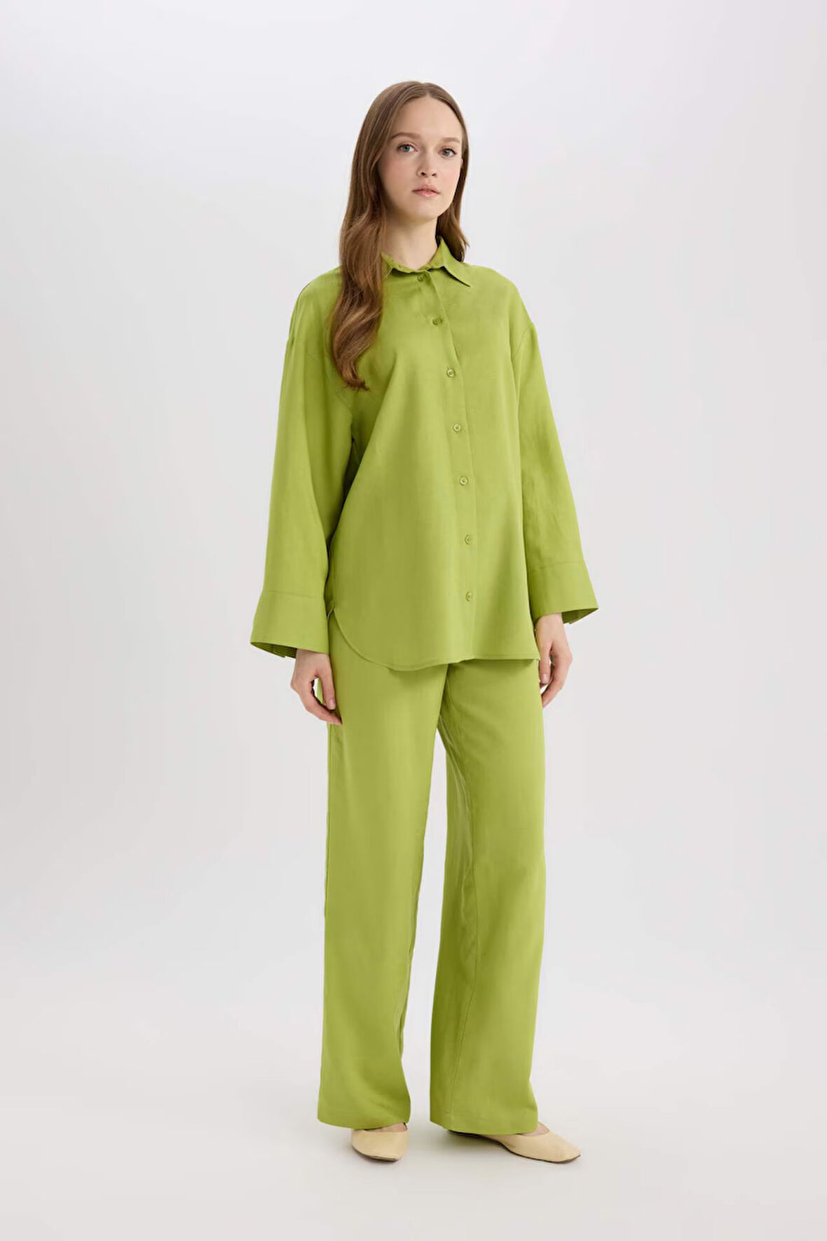 Wide Leg Keten Karışımlı Geniş Paça Pantolon