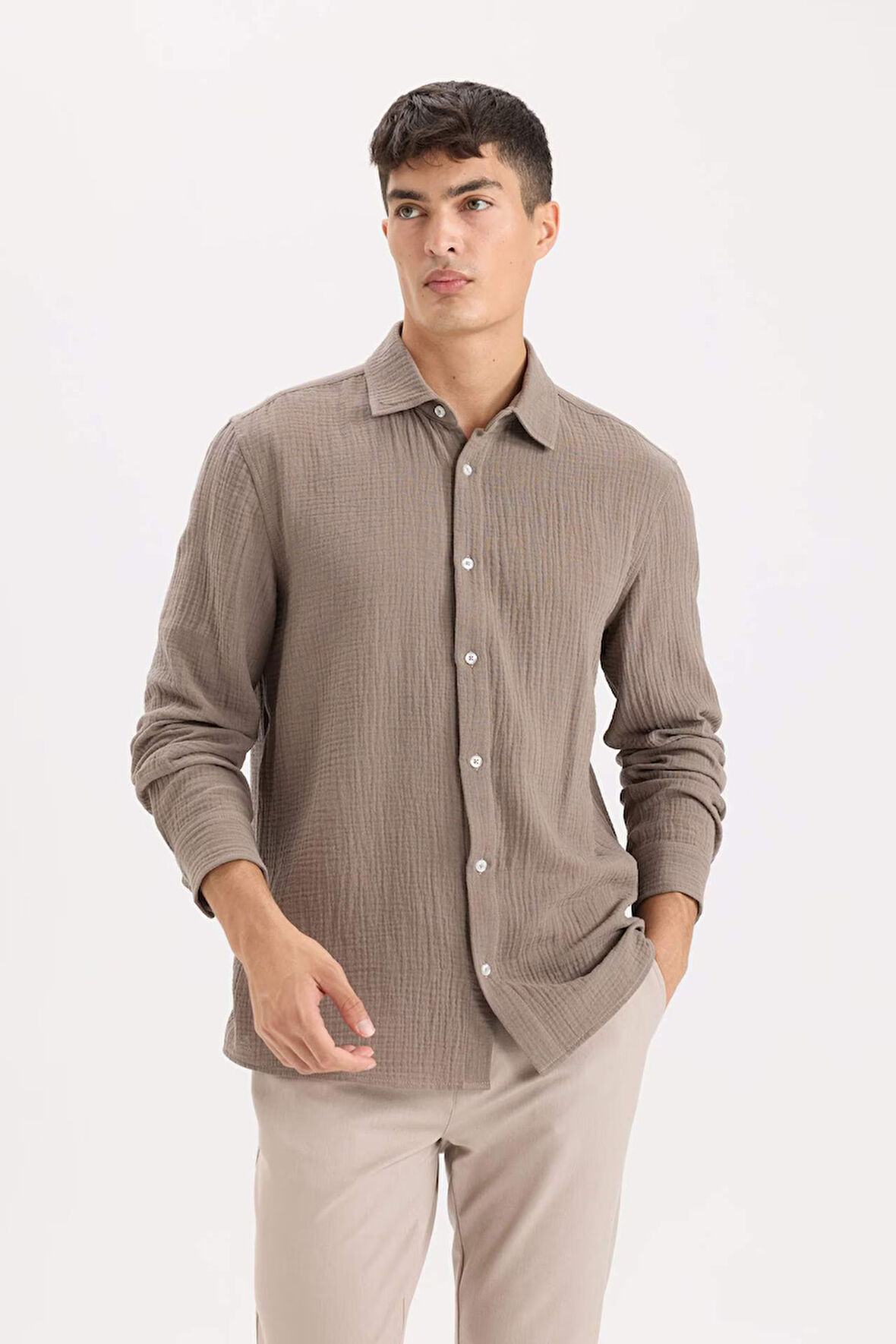 DeFacto Regular Fit Polo Yaka %100 Pamuk Müslin Uzun Kollu Gömlek W7832AZ25SPBN312