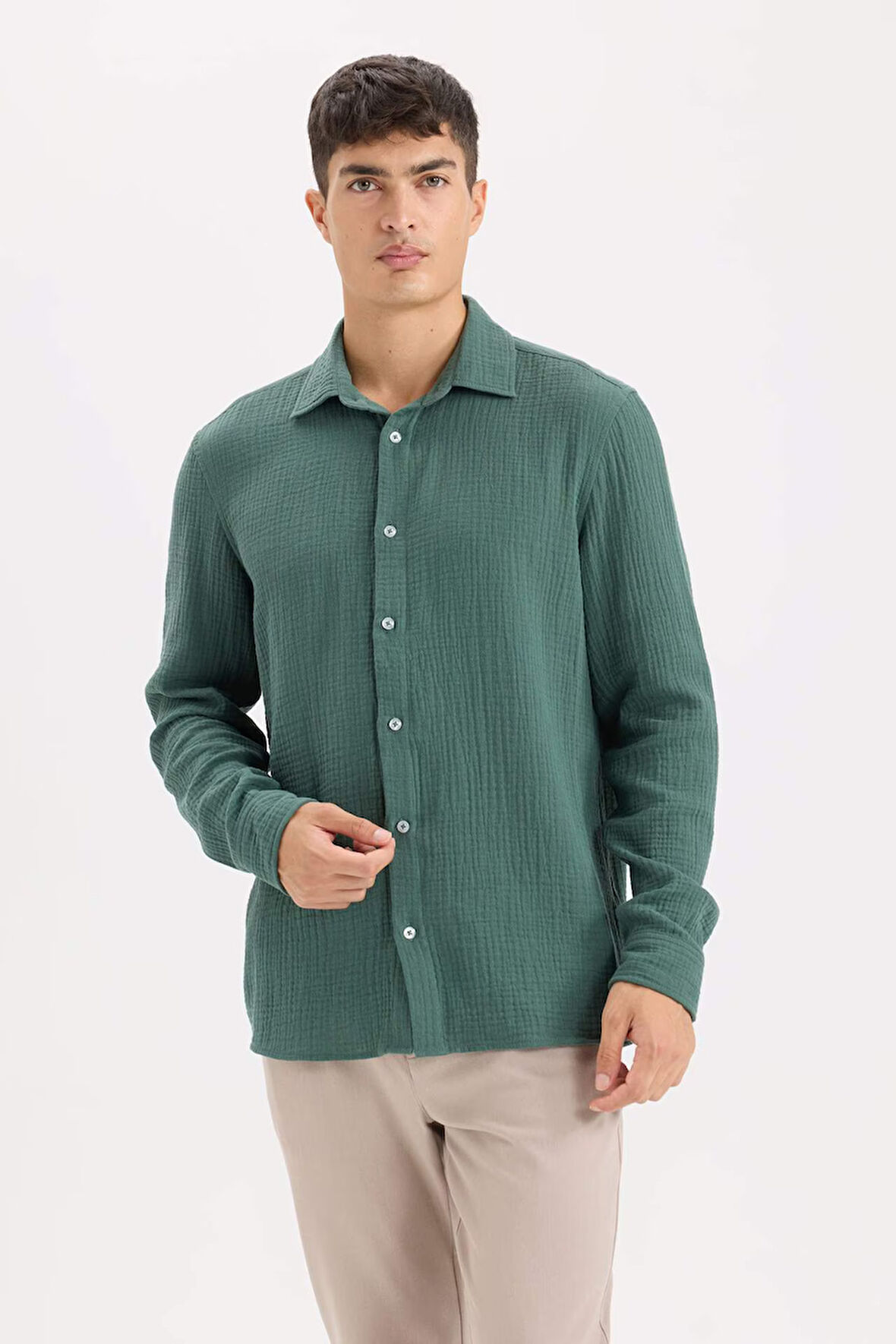 DeFacto %100 Pamuk Regular Fit Polo Yaka Müslin Uzun Kollu Gömlek W7832AZ25SPGN1259