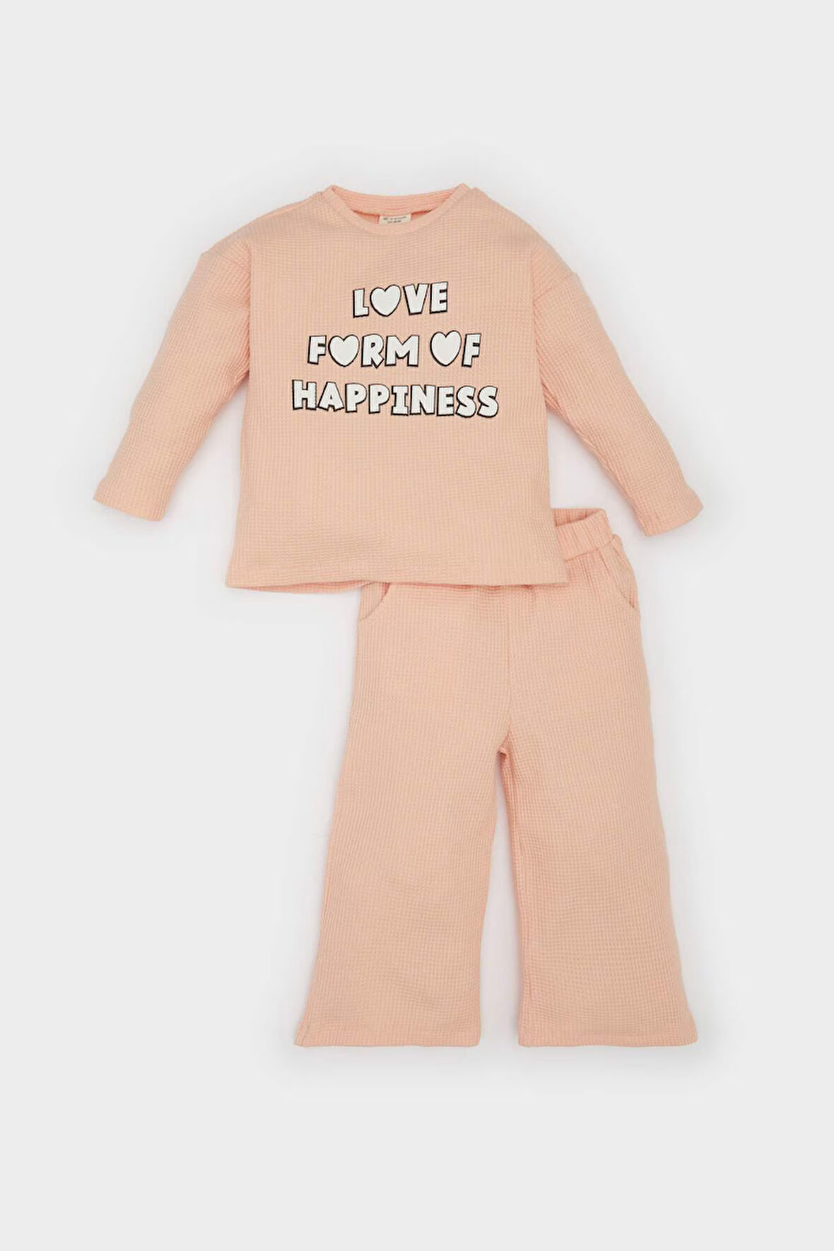DeFacto Kız Bebek 2'li Takım Waffle Bisiklet Yaka Baskılı Sweatshirt Beli Lastikli Geniş Bol Paça Eşofman Altı E0202A525SPOG577