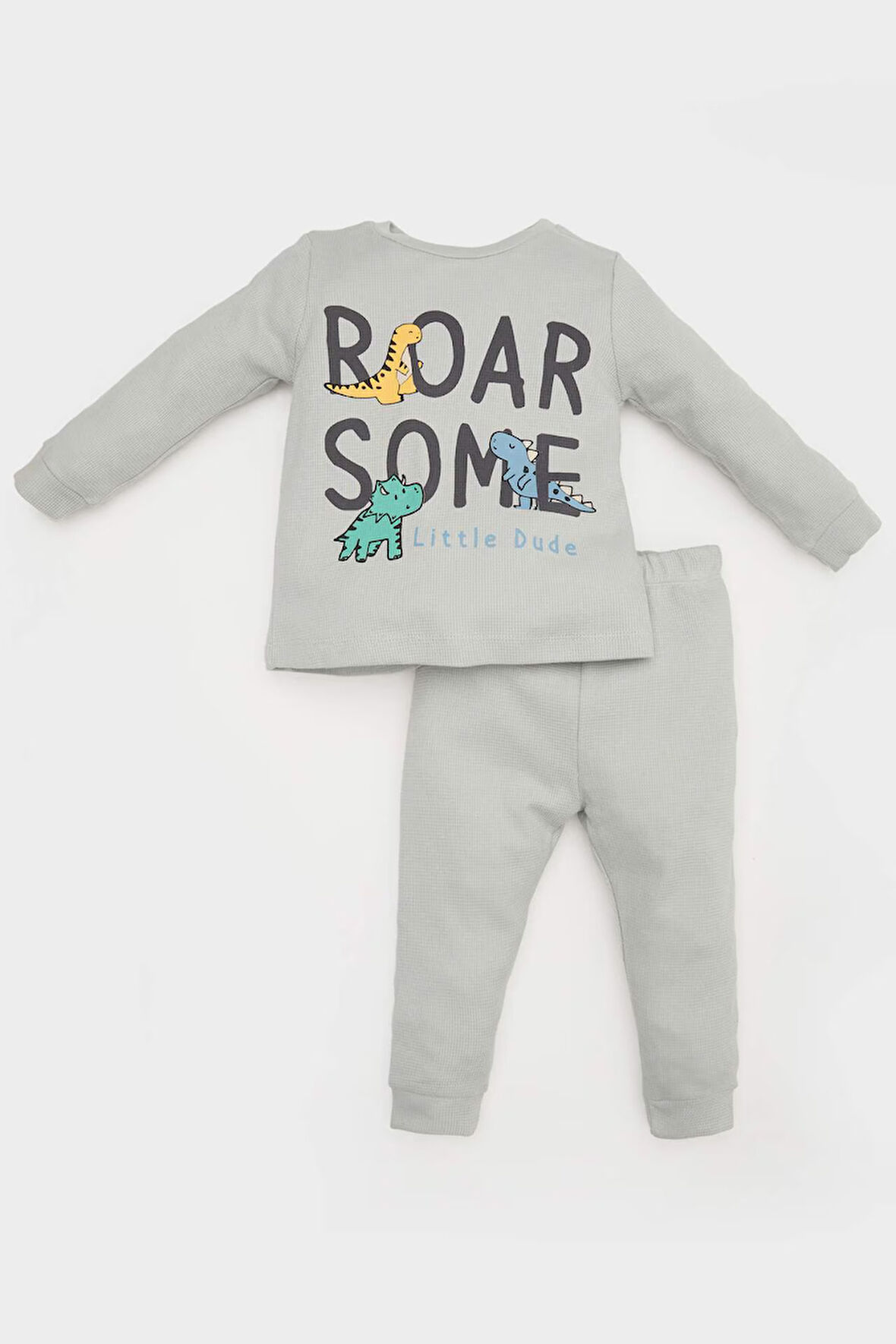 Erkek Bebek Pijama Takımı Dinazor Baskılı Waffle Uzun Kollu Üst Beli Lastikli Uzun Alt