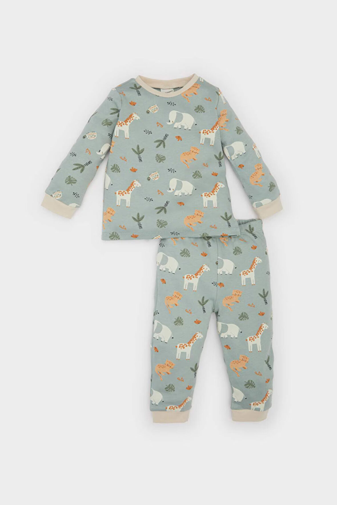 Erkek Bebek Pijama Takımı Safari Baskılı Uzun Kollu Üst Beli Lastikli Uzun Alt