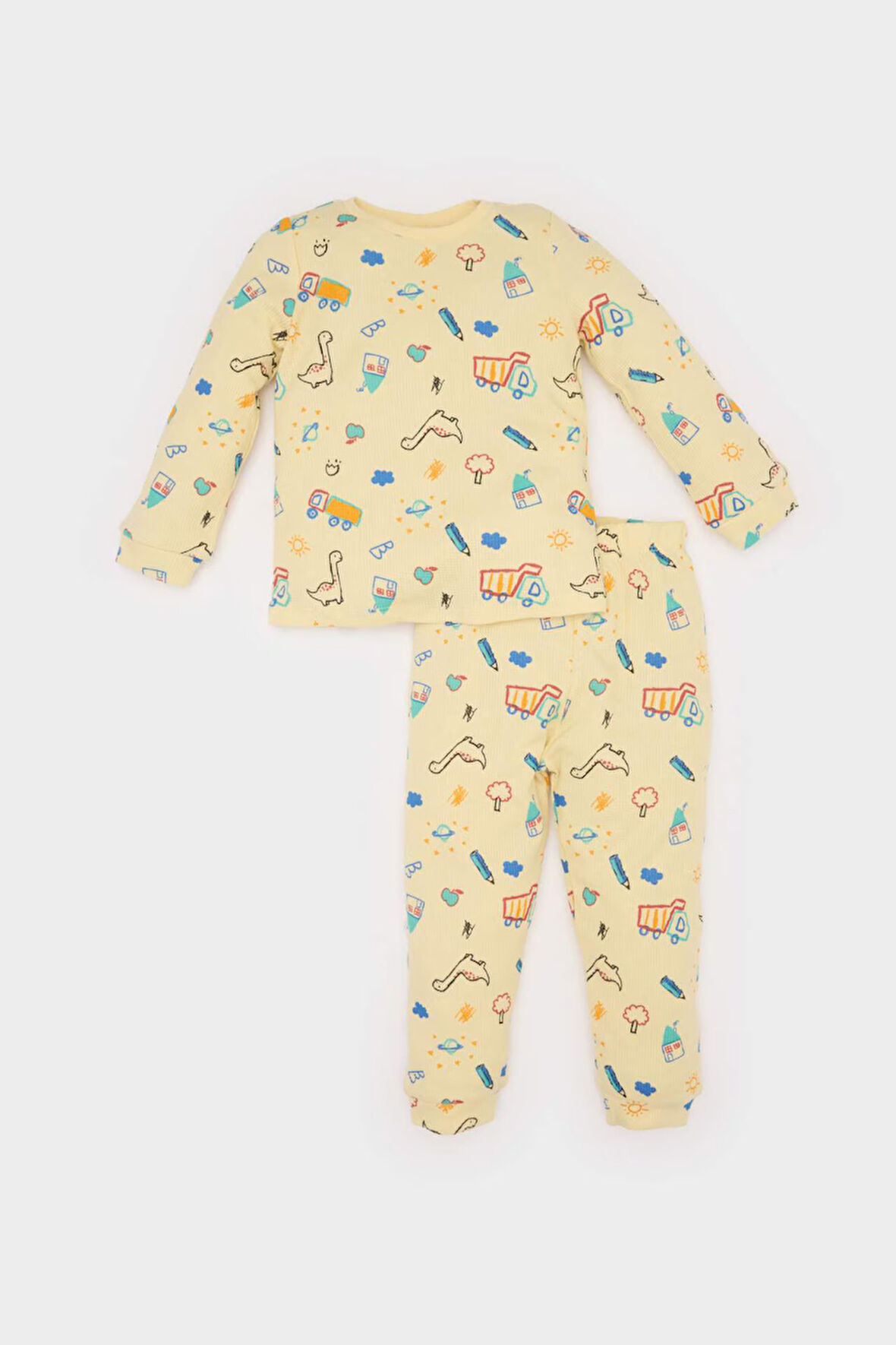 DeFacto Erkek Bebek Pijama Takımı Araç Baskılı Uzun Kollu Waffle Üst Beli Lastikli Uzun Alt E0751A525SPYL251