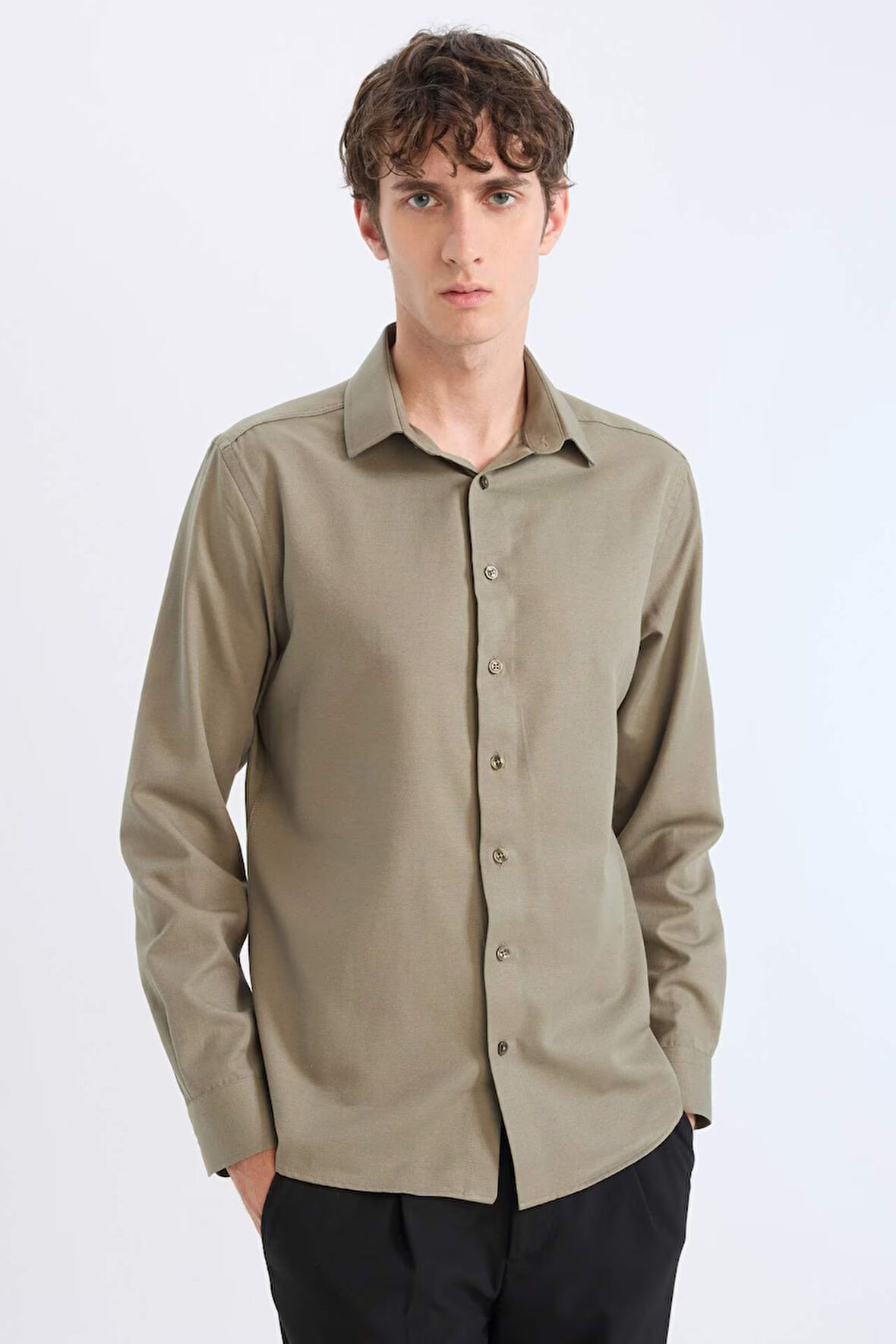 Slim Fit Dar Kesim Polo Yaka Oxford Basic Düz Uzun Kollu Gömlek