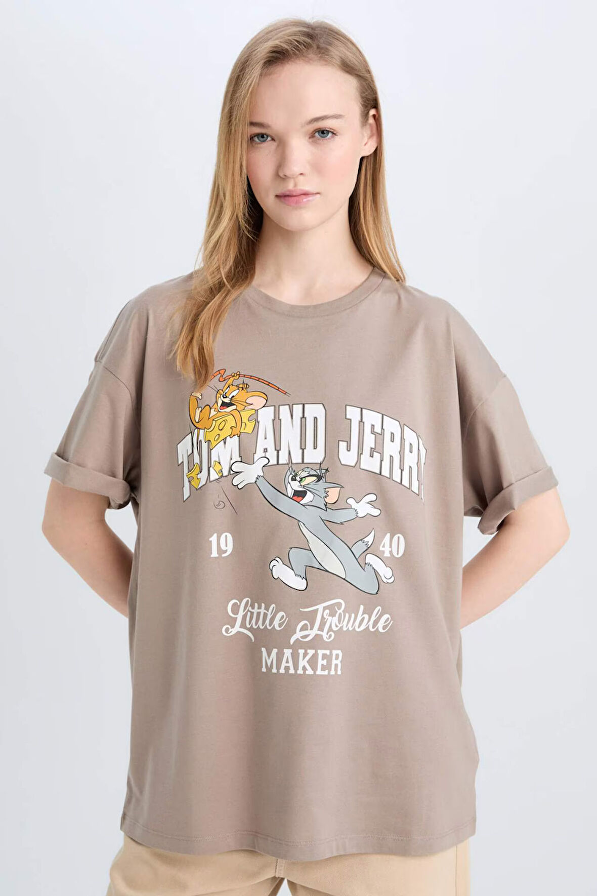 Coool Tom & Jerry Oversize Geniş Kalıp Bisiklet Yaka Baskılı Kısa Kollu Tişört
