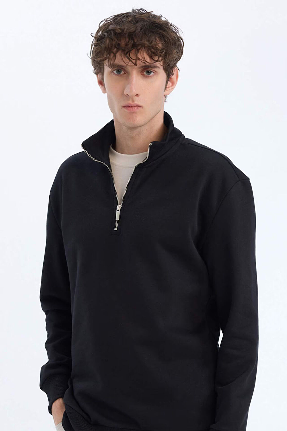 Comfort Regular Fit Rahat Kalıp Fermuarlı Dik Yaka Basic Düz Sweatshirt