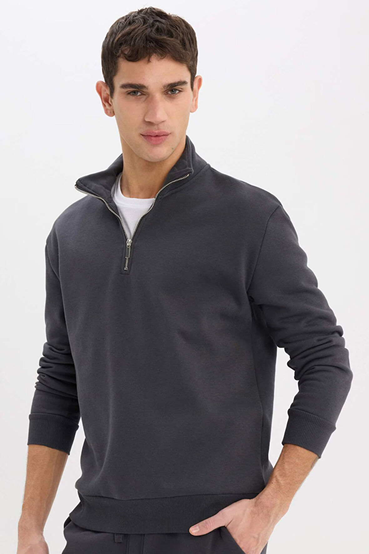 Comfort Regular Fit Rahat Kalıp Fermuarlı Dik Yaka Basic Düz Sweatshirt