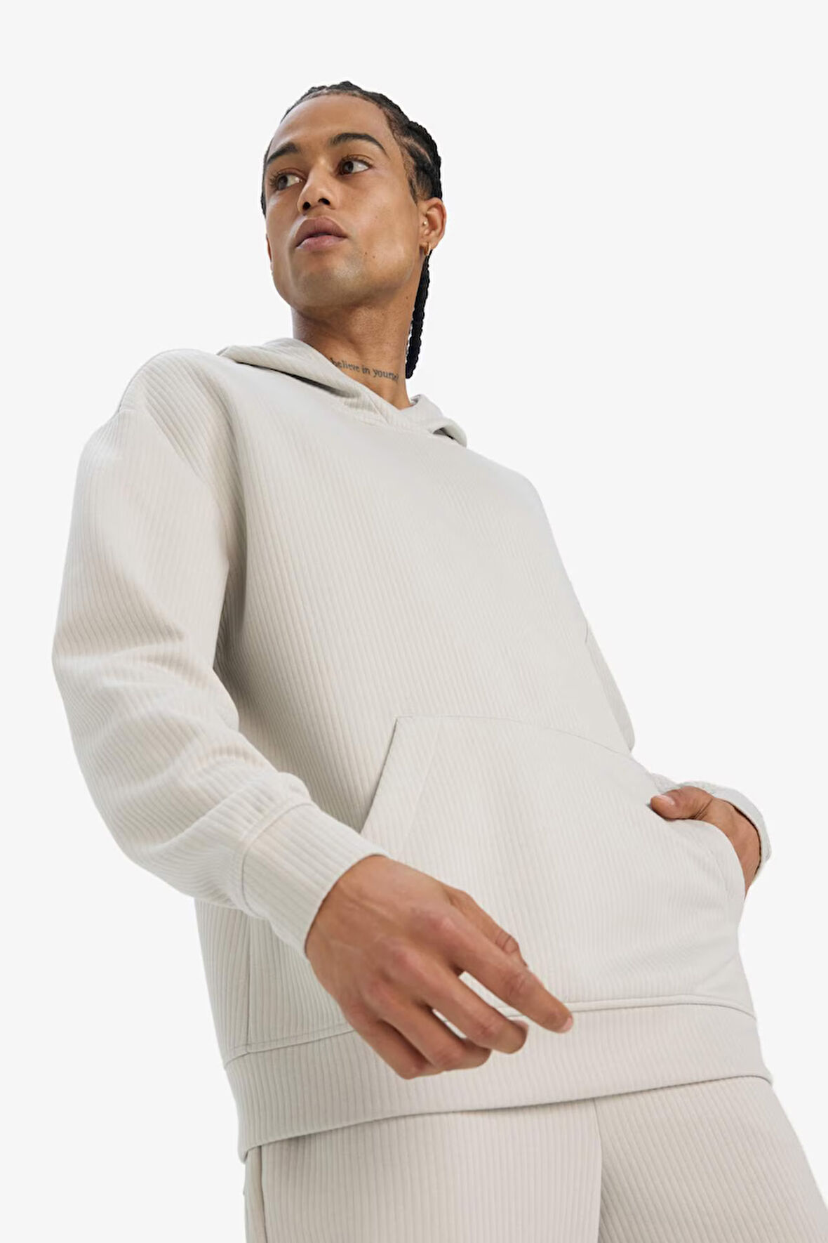 Boxy Fit Kapüşonlu Kanguru Cepli Jakarlı Sweatshirt