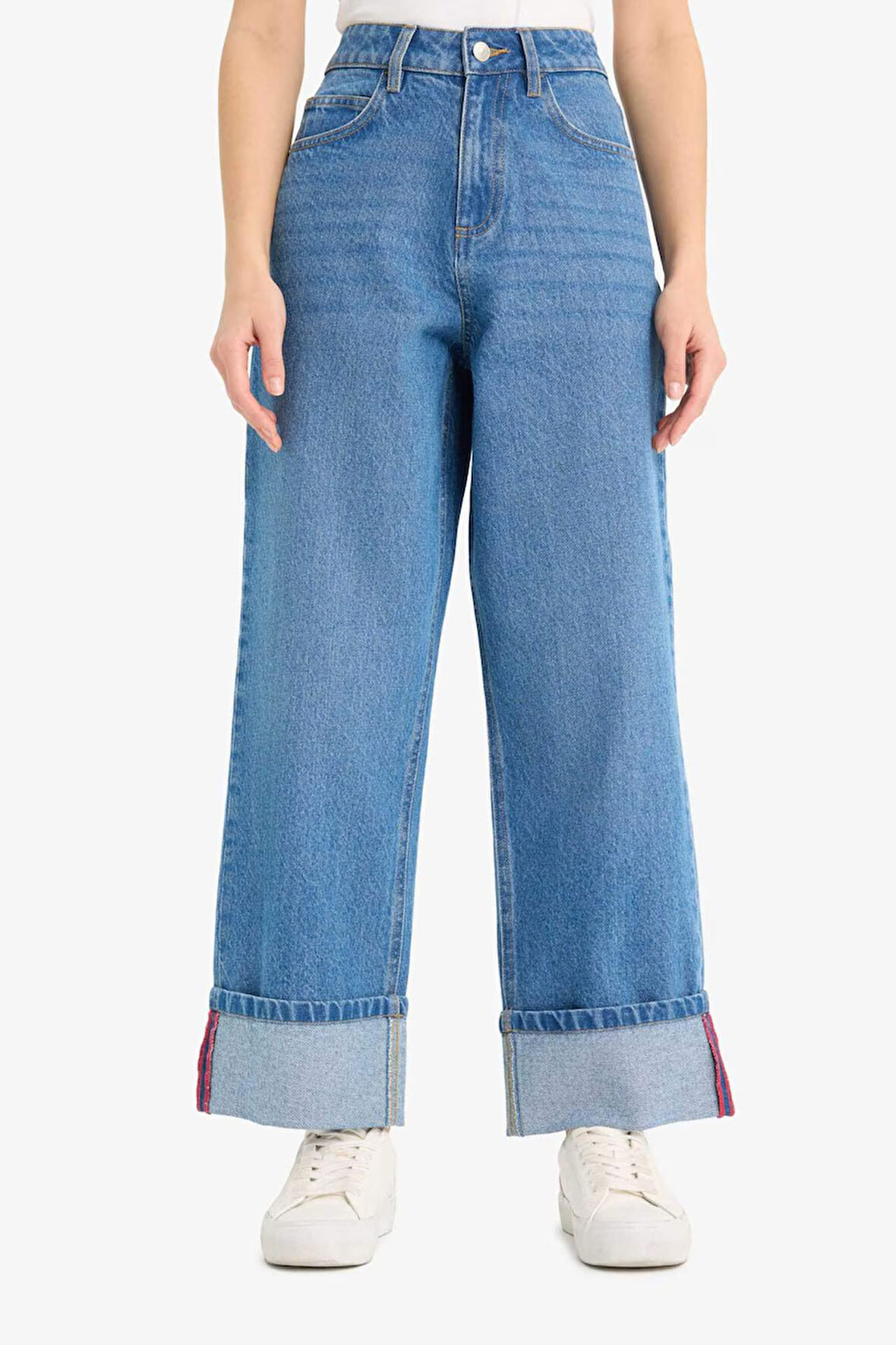 Relax Fit Yüksek Bel Düz Paça Uzun Jean Kar Yıkamalı Pantolon