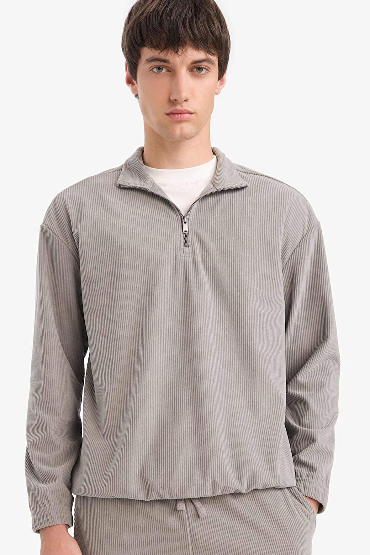 Boxy Fit Dik Yaka Fermuarlı Kadife Sweatshirt