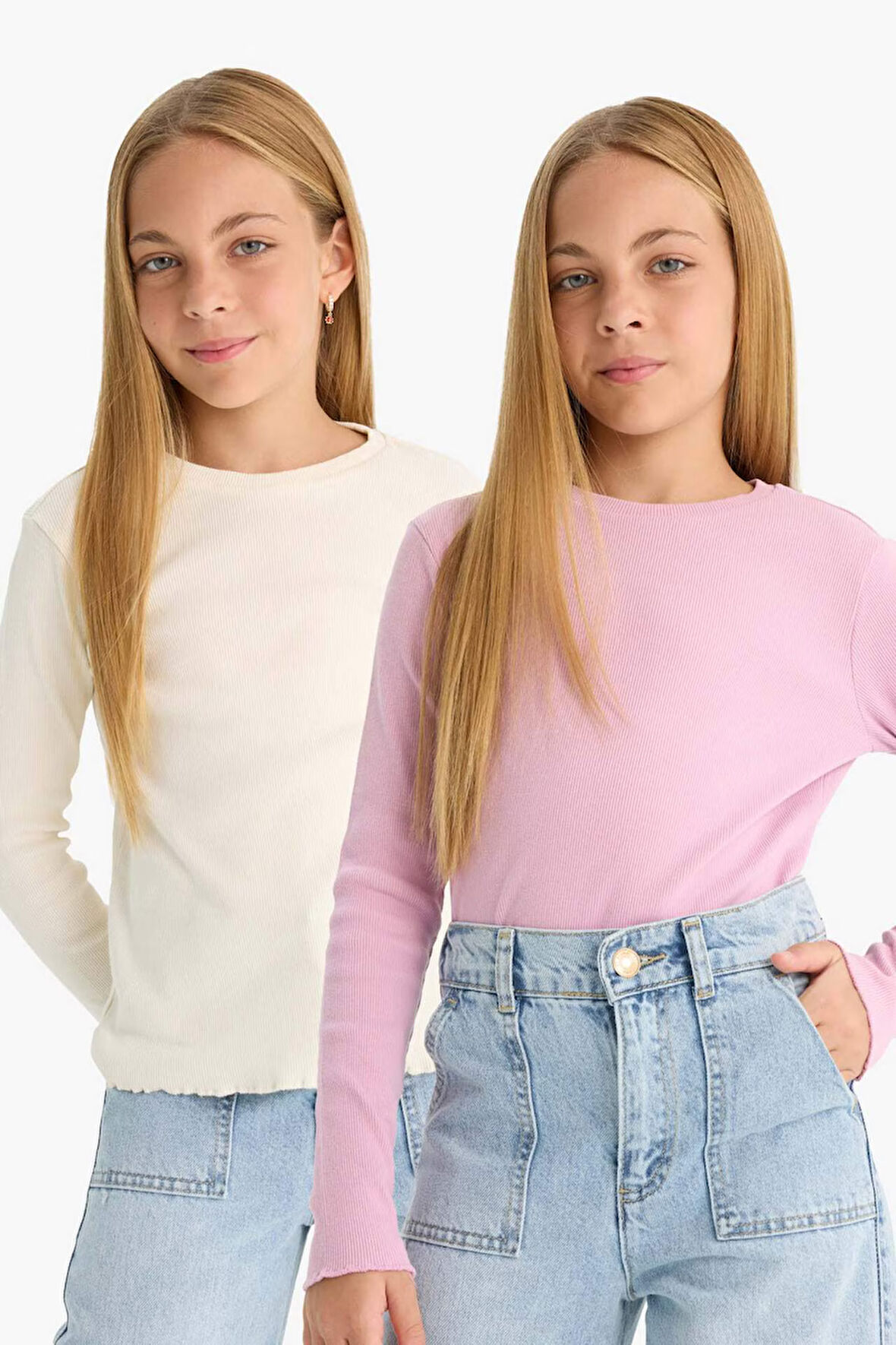 Kız Çocuk Okula Dönüş Slim Fit Dar Kesim Bisiklet Yaka Fitilli Kaşkorse 2'li Uzun Kollu Tişört