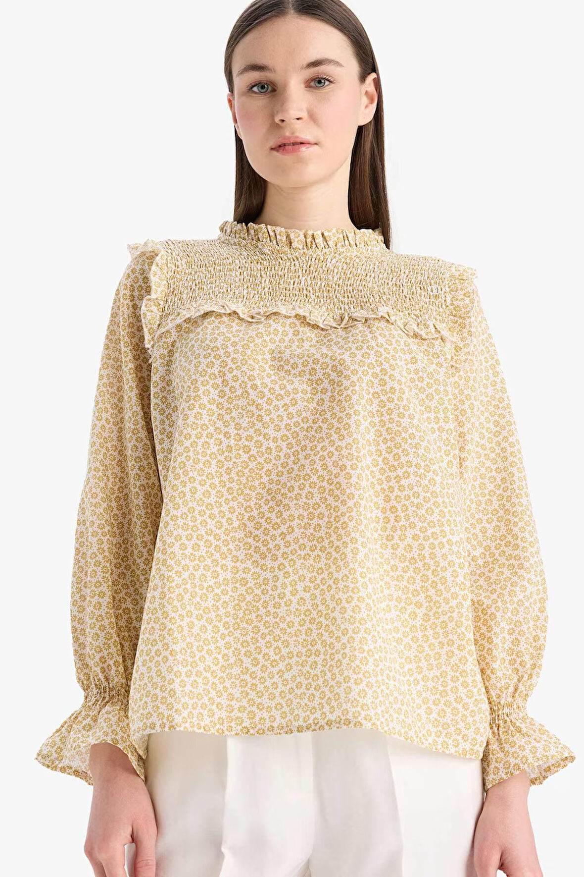 Regular Fit Desenli Fırfır Yaka Vual Uzun Kollu Bluz Tunik