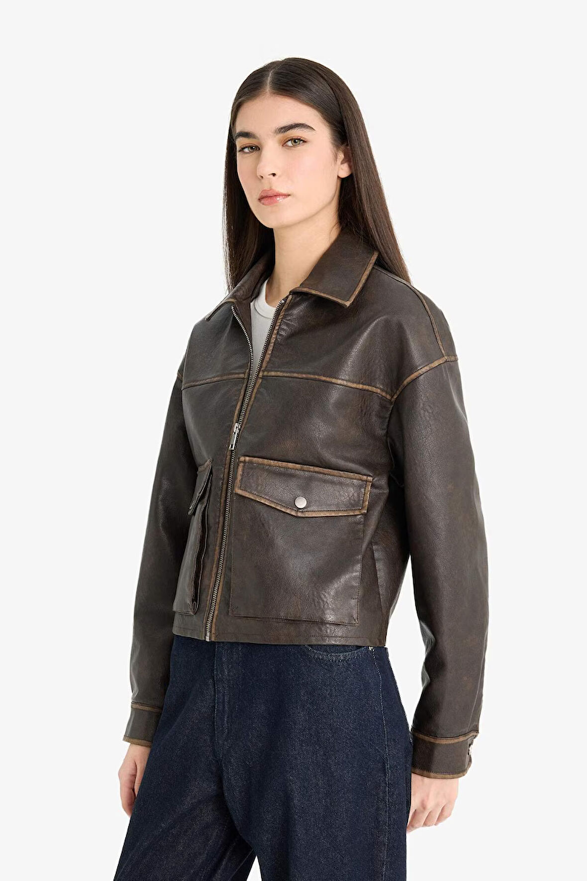 Relax Fit Polo Yaka Tafta Suni Deri Mont