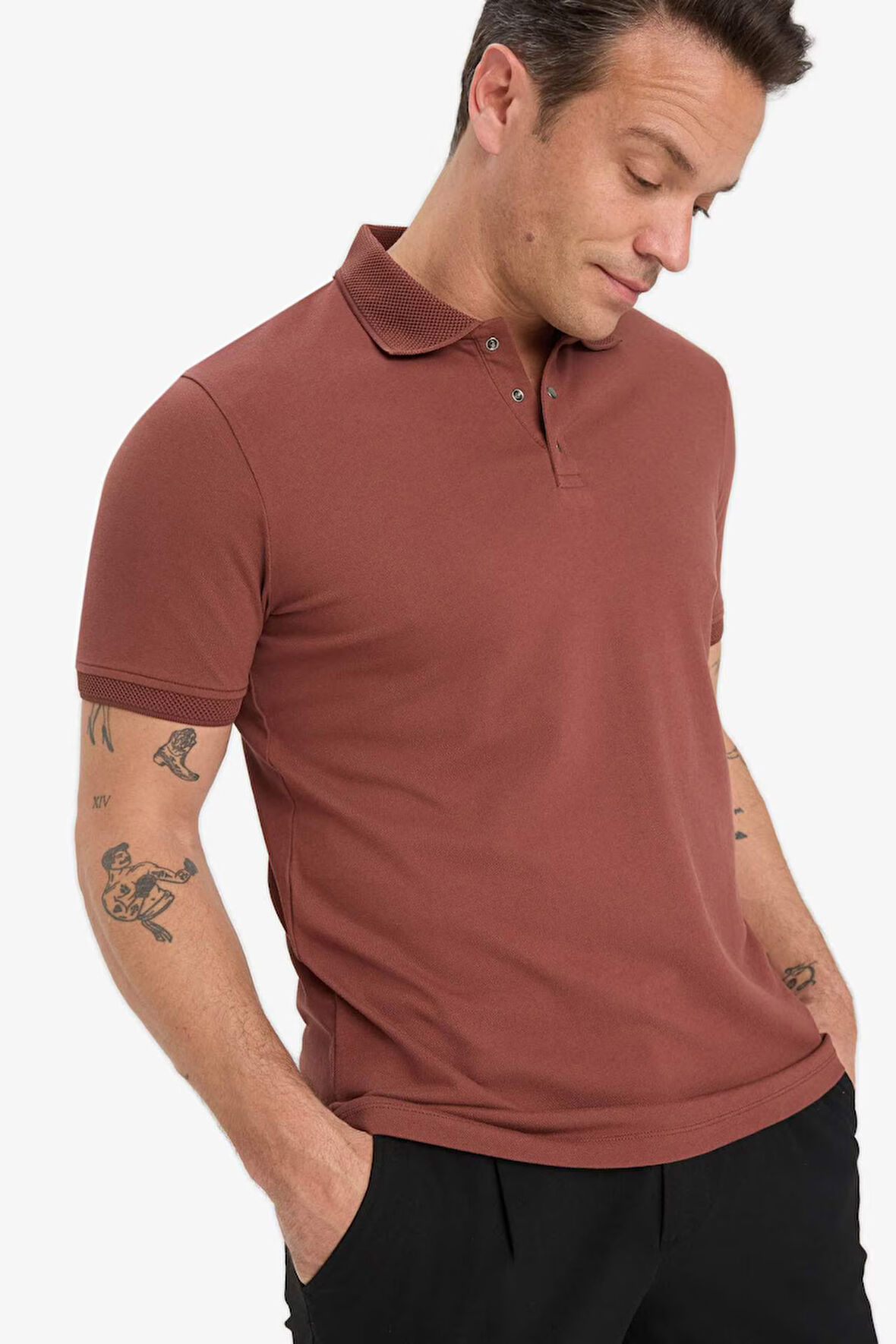 DeFacto Slim Fit Dar Kesim Polo Yaka Kısa Kollu Dokulu Basic Düz Tişört T5259AZ25SMBN414
