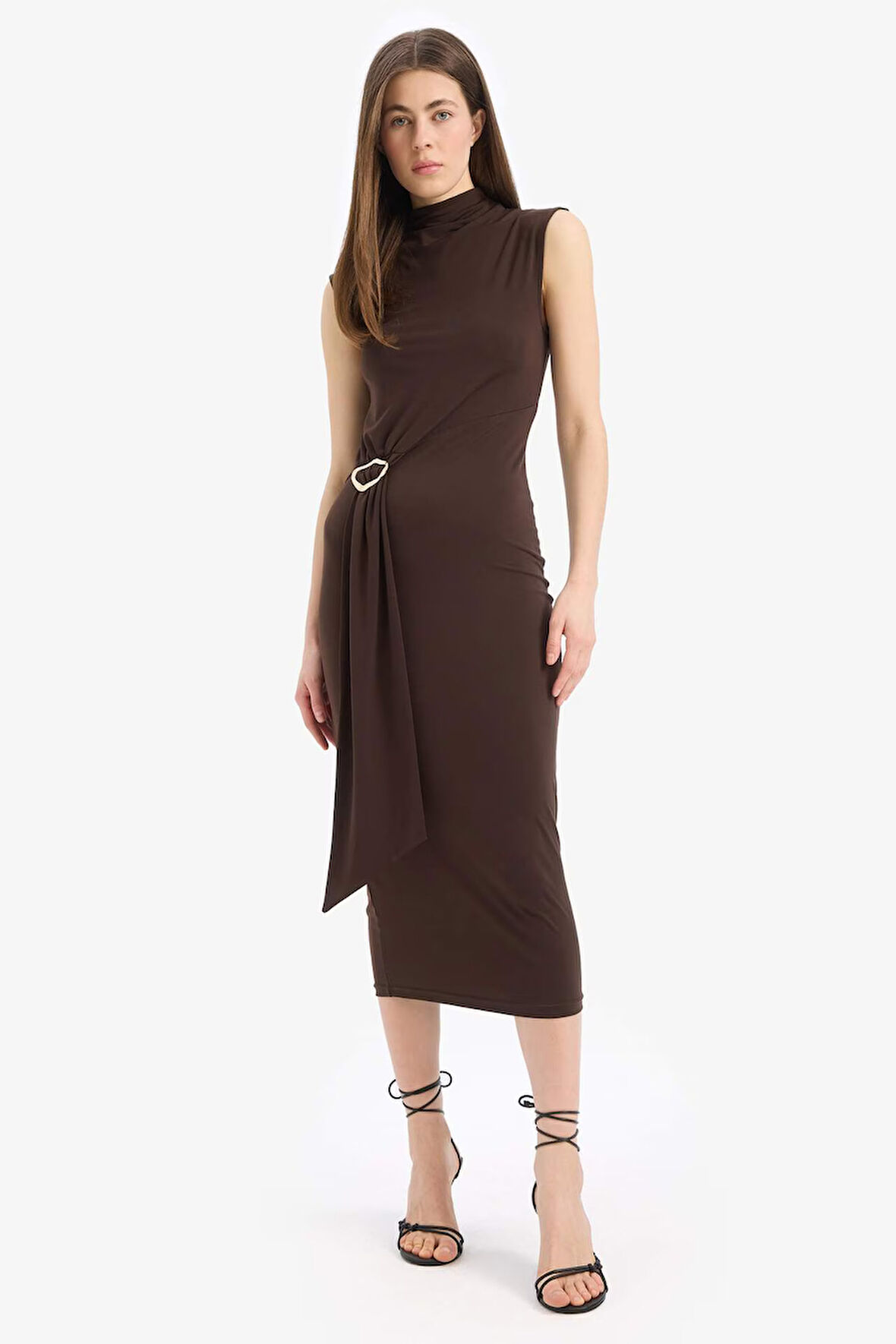 Bodycon Vücudu Saran Balikçı Yaka Basic Düz Tokalı Kolsuz Midi Elbise