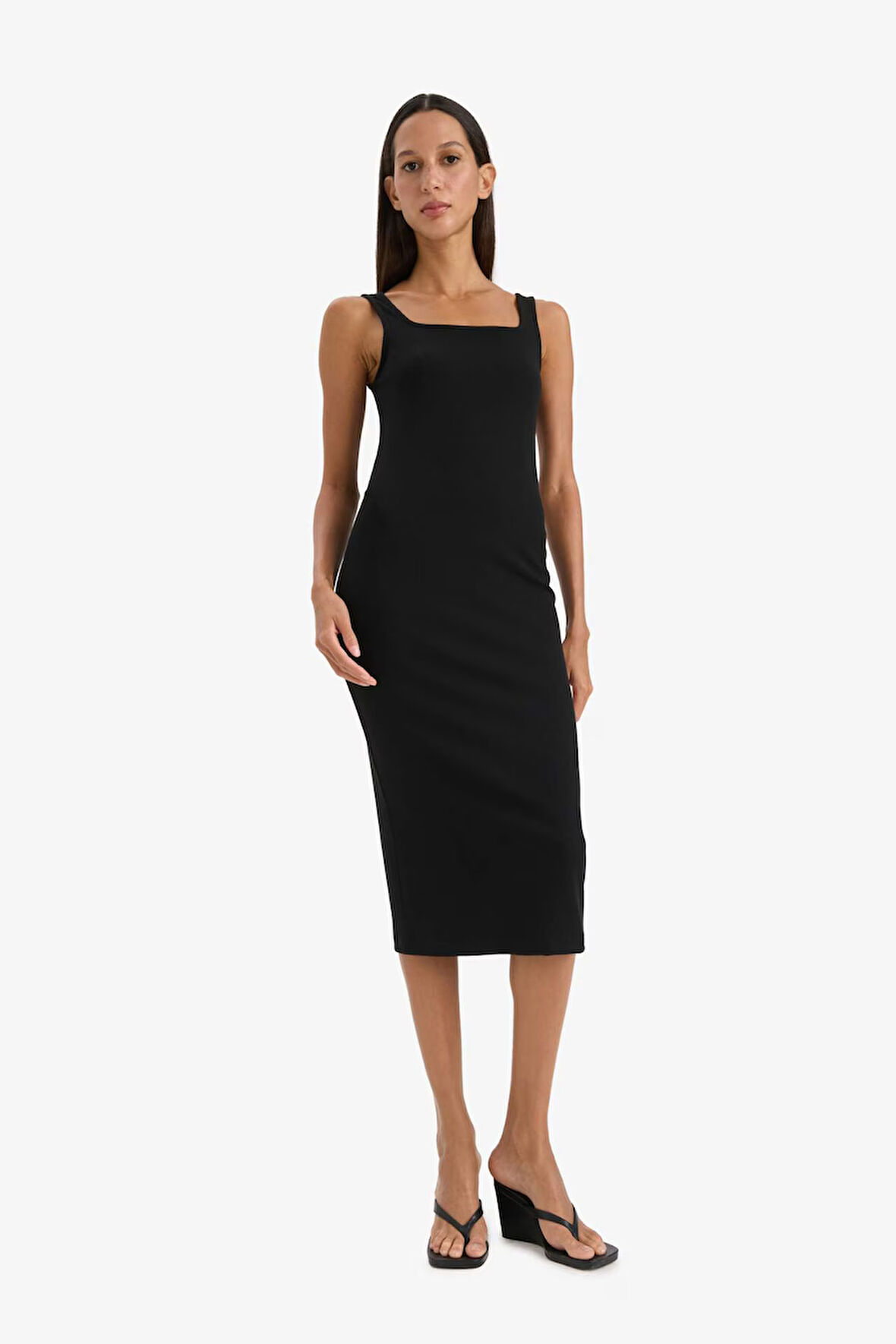 DeFacto Bodycon Vücudu Saran Kare Yaka Basic Düz Fitilli Kaşkorse Askılı Midi Siyah Yazlık Elbise Z7577AZ25SMBK81