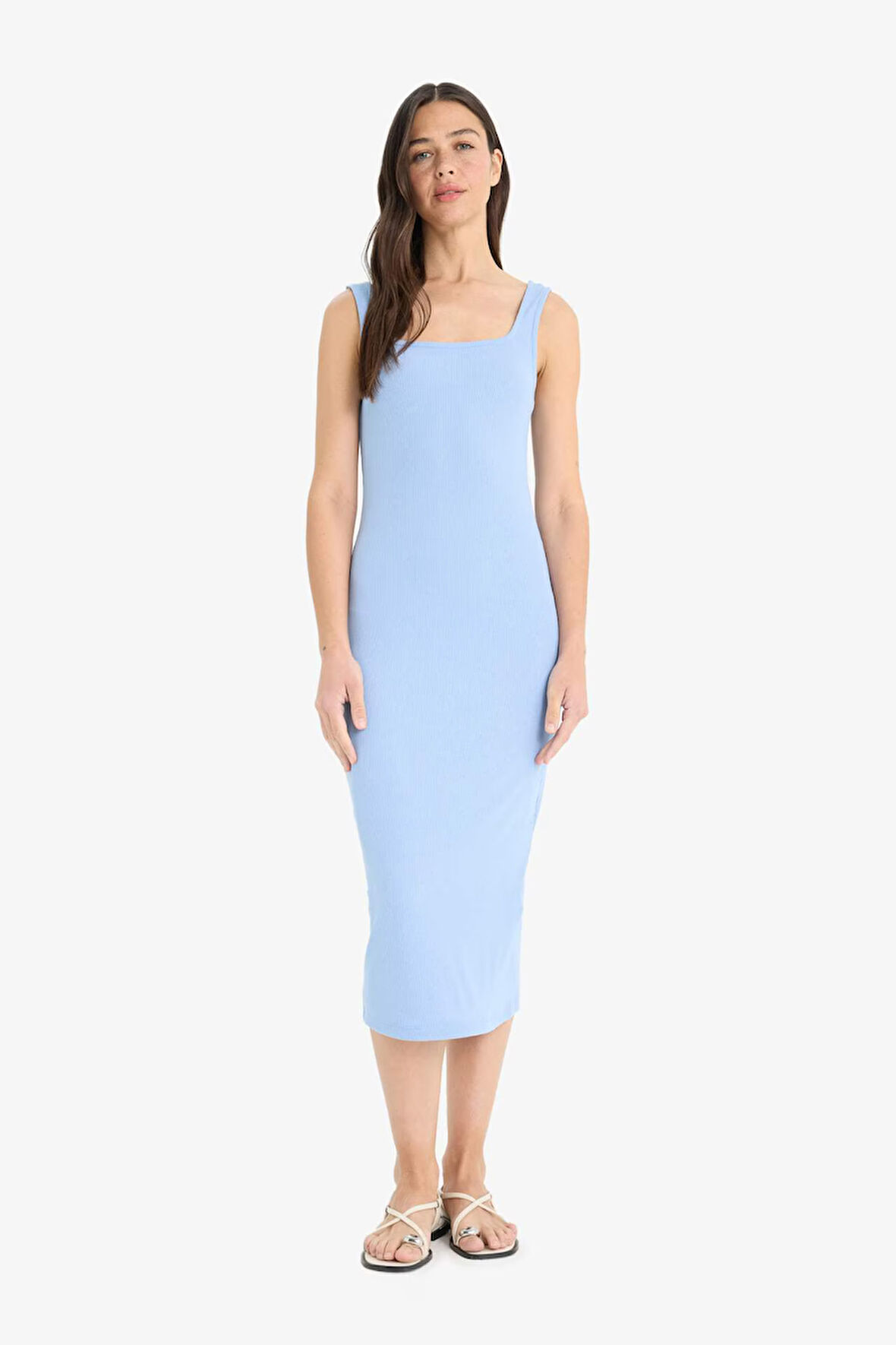 DeFacto Bodycon Vücudu Saran Kare Yaka Fitilli Kaşkorse Askılı Midi Yazlık Elbise Z7577AZ25SMBE429