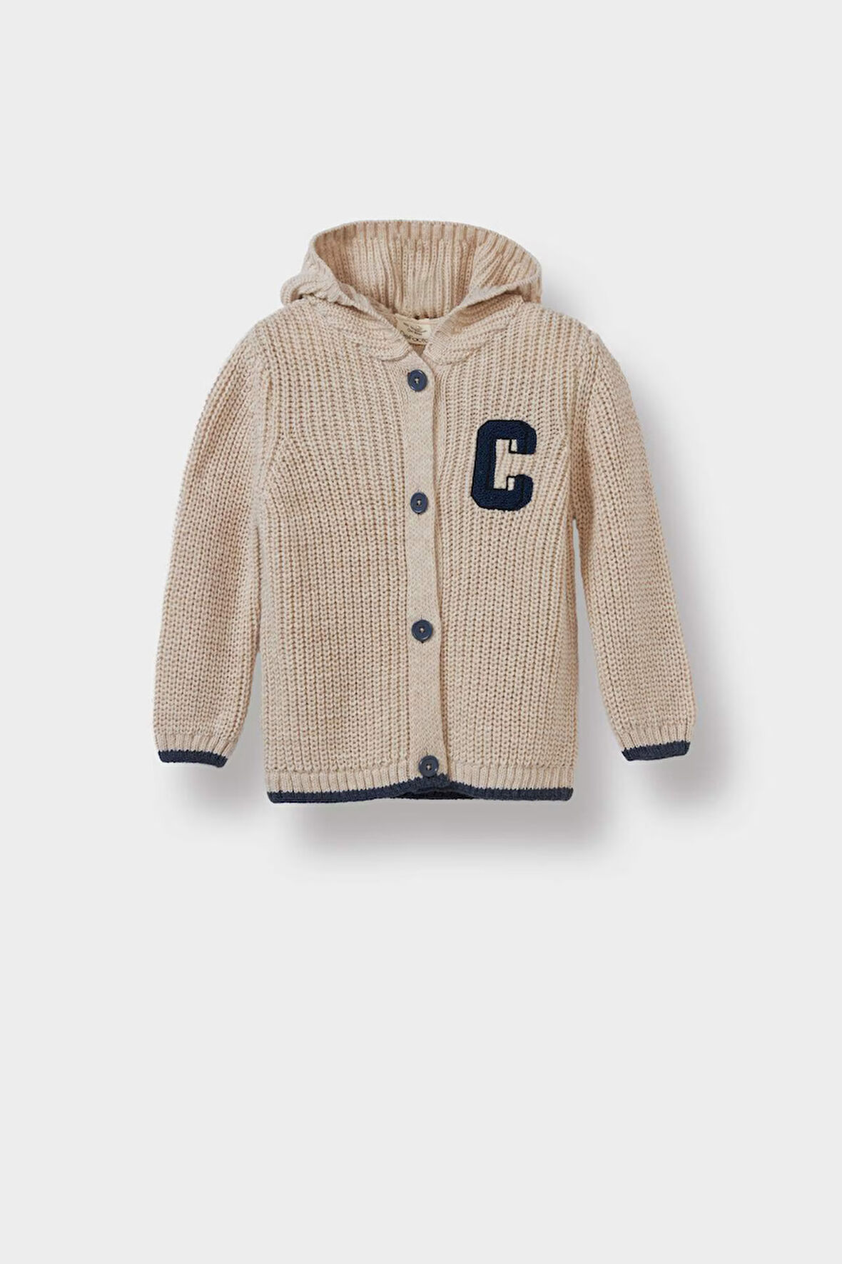 Erkek Bebek Nakışlı Kapüşonlu Düğmeli Hırka