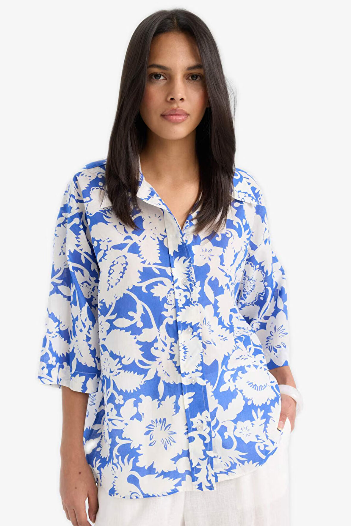 Oversize Geniş Kalıp Gömlek Yaka Floral Vual Kısa Kollu Gömlek