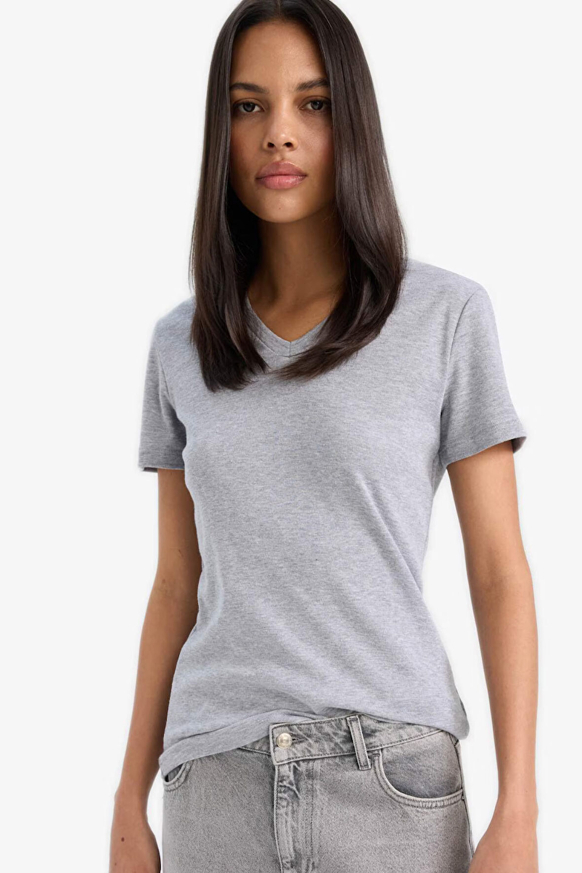Slim Fit Dar Kesim V Yaka Basic Düz Ribana Kısa Kollu Tişört