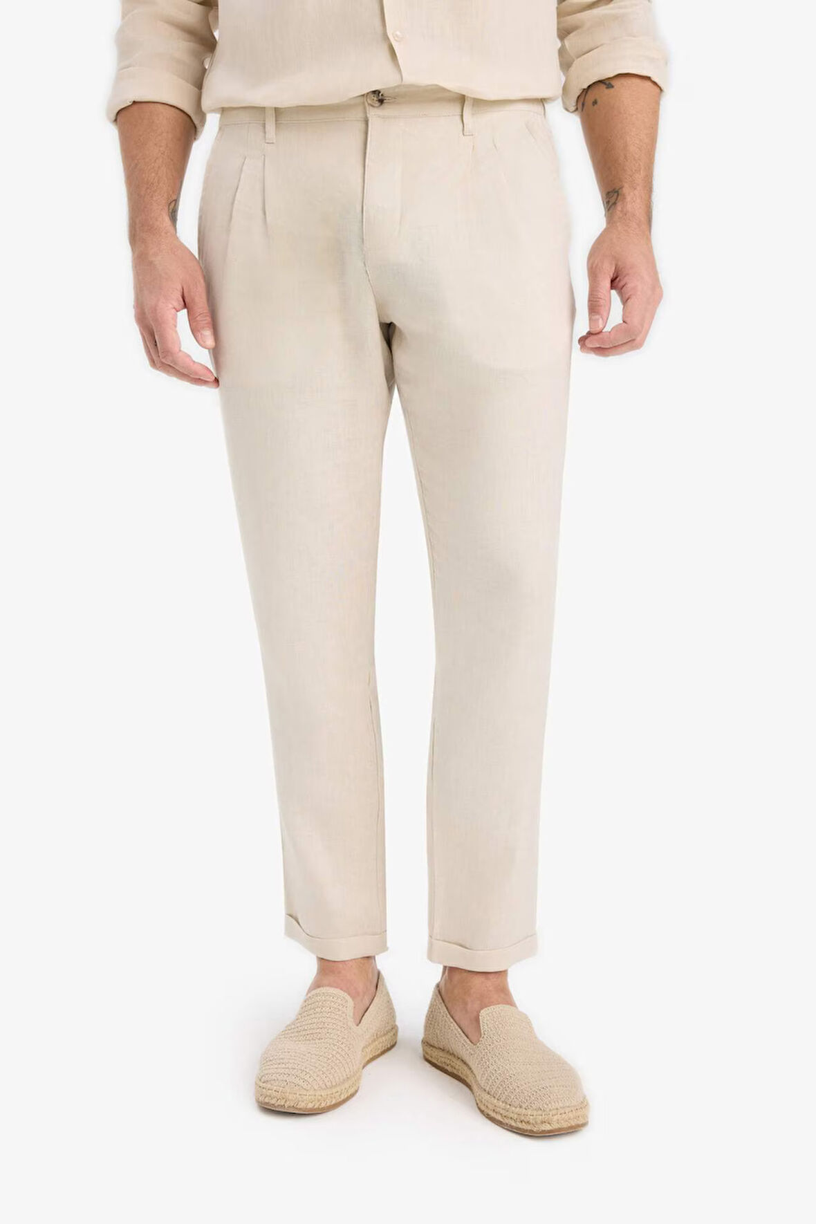 %100 Keten Normal Kesim Crop Duble Paça Yazlık Kumaş Pantolon